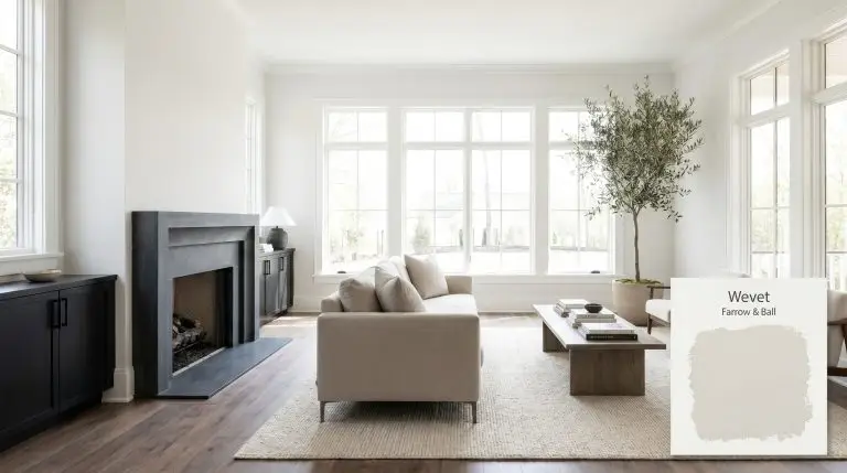 A photorealistic sun-drenched south-facing living room featuring Farrow & Ball Wevet (Hex #ecebe9) walls, a honed basalt fireplace surround, and cool-toned walnut plank flooring.