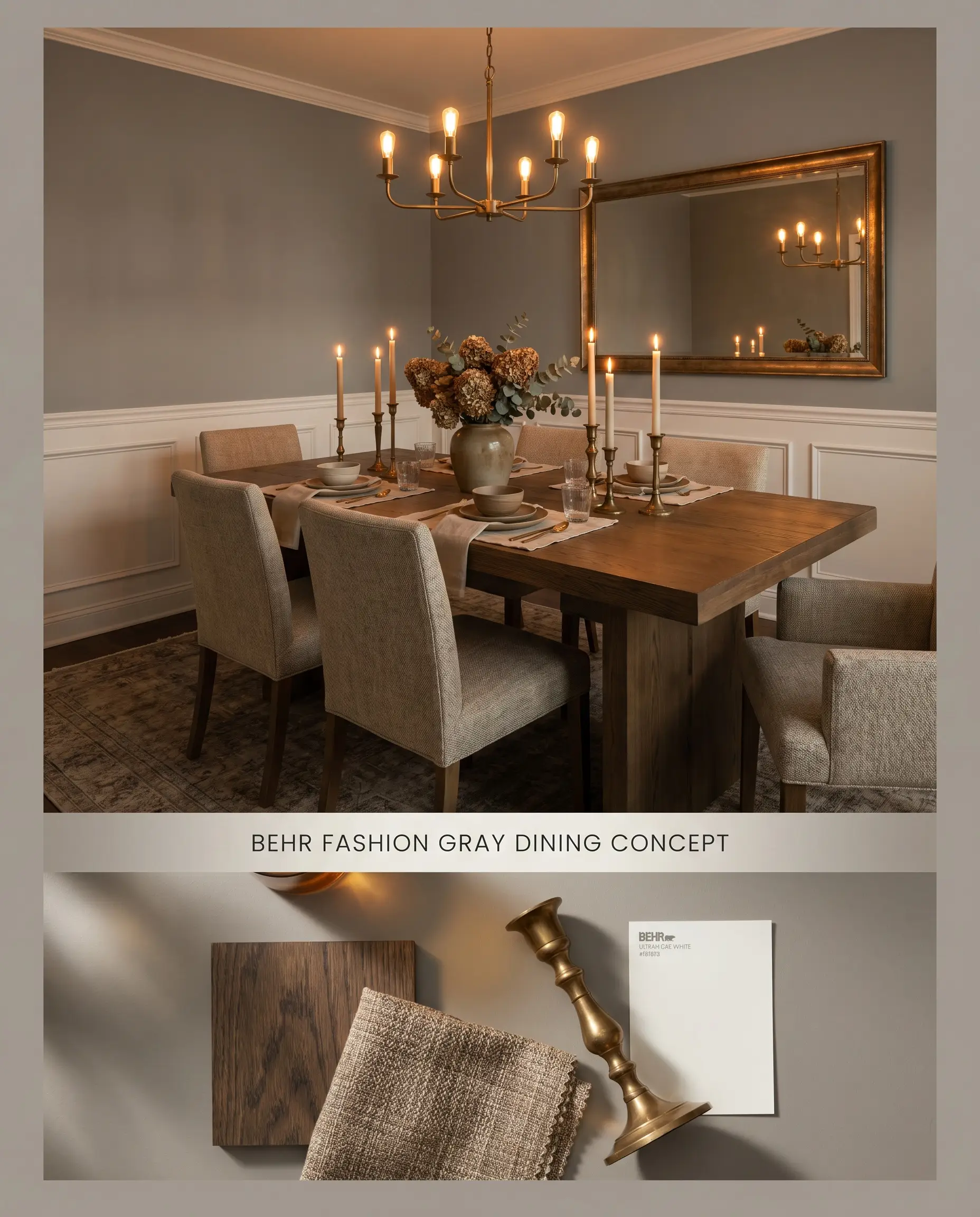 A split digital conceptual board for a dining room displaying Fashion Gray upper walls on top, and a textured flat-lay with smoked oak below.