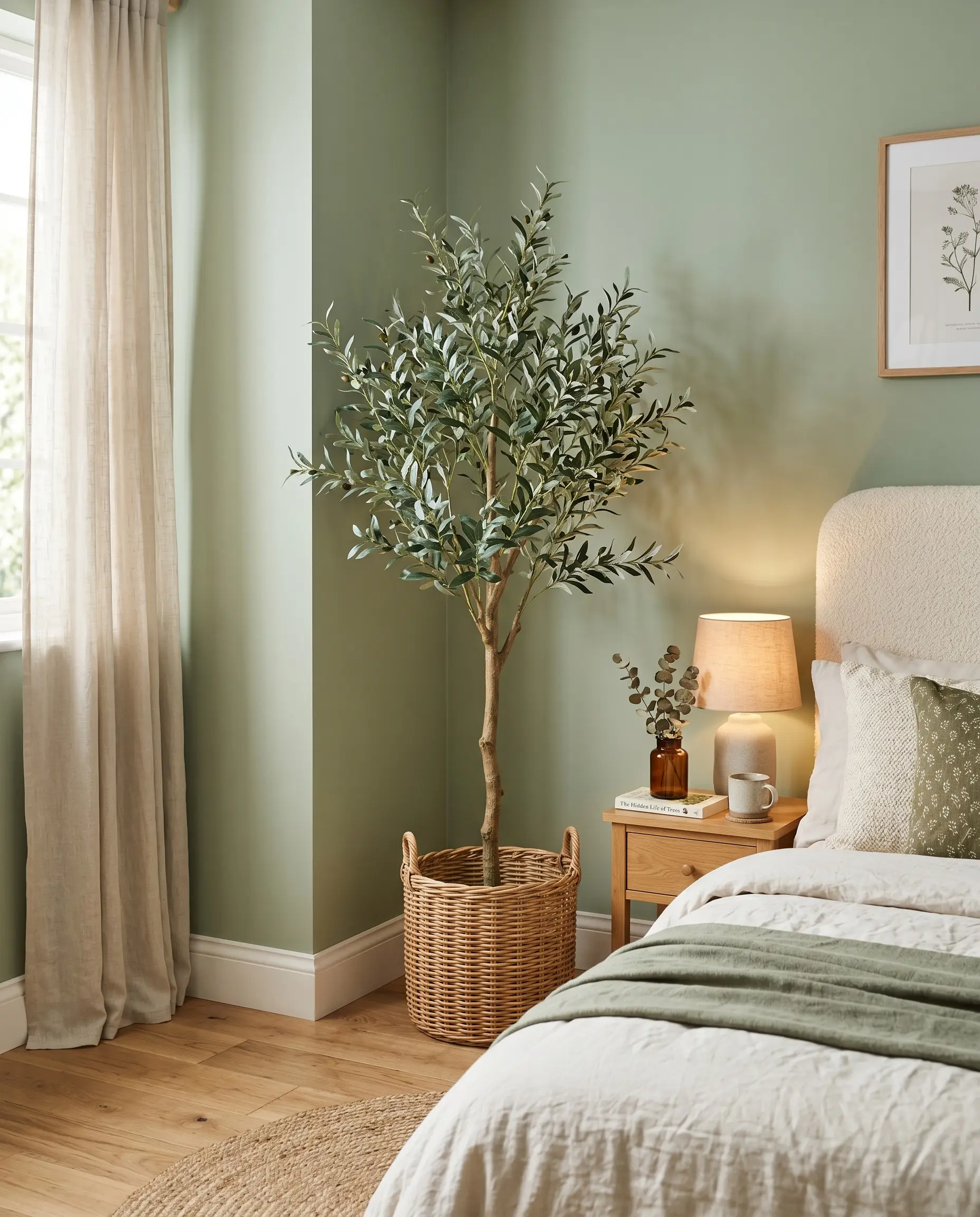 A tall structural faux olive tree sits in a simple woven basket beside a cream-upholstered bed and soft sage green walls.