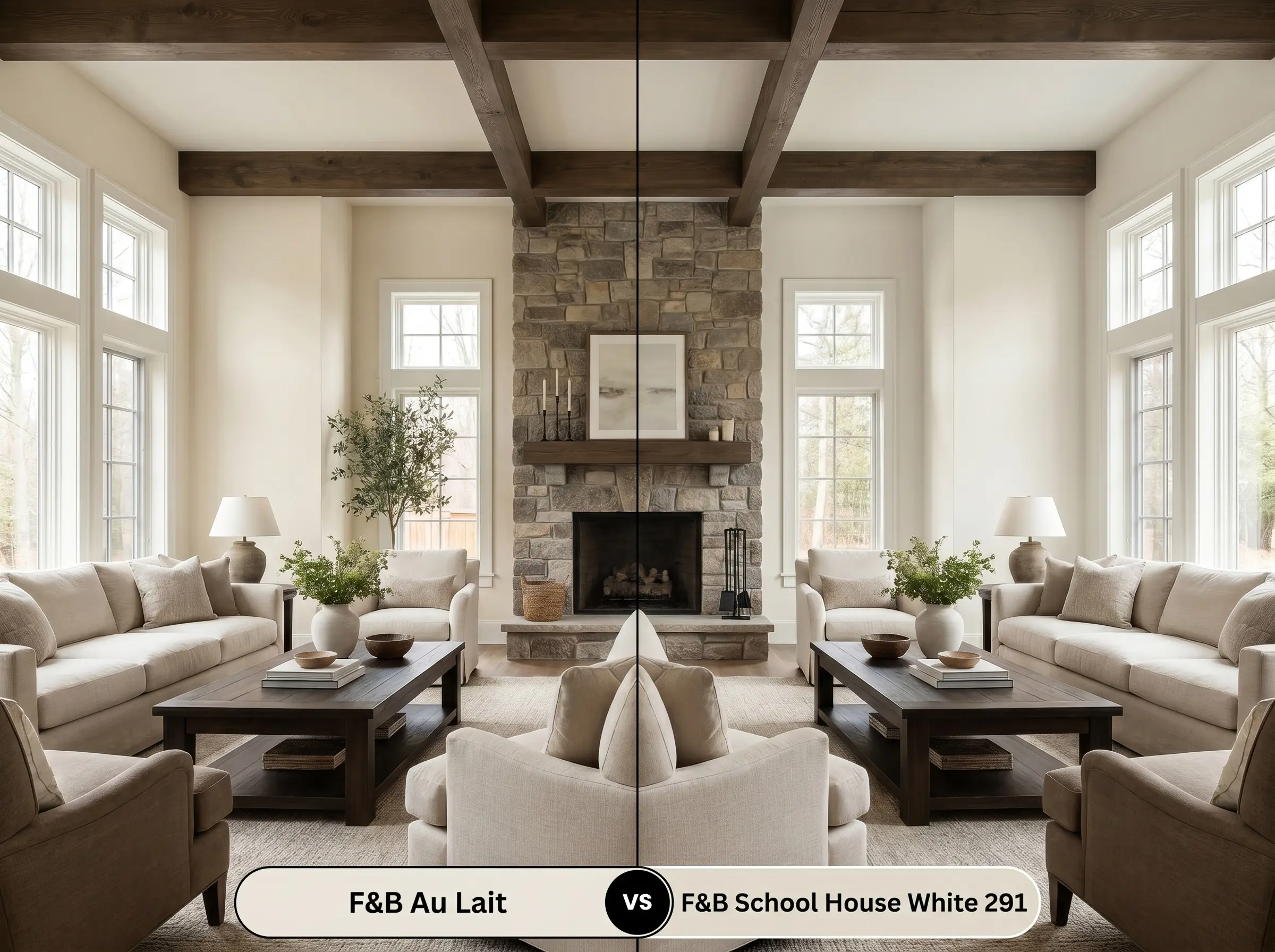 A split-screen comparison board for F&B Au Lait (Hex #ebe7dc) versus F&B School House White (Hex #e3ded0) in a symmetrical living space.