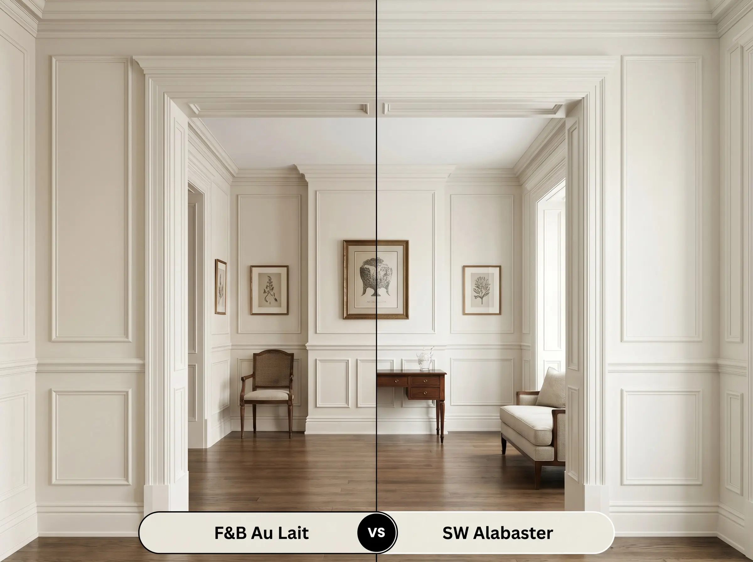 A split-screen comparison board for F&B Au Lait (Hex #ebe7dc) versus SW Alabaster (Hex #edeae0) across symmetrical classic room millwork.