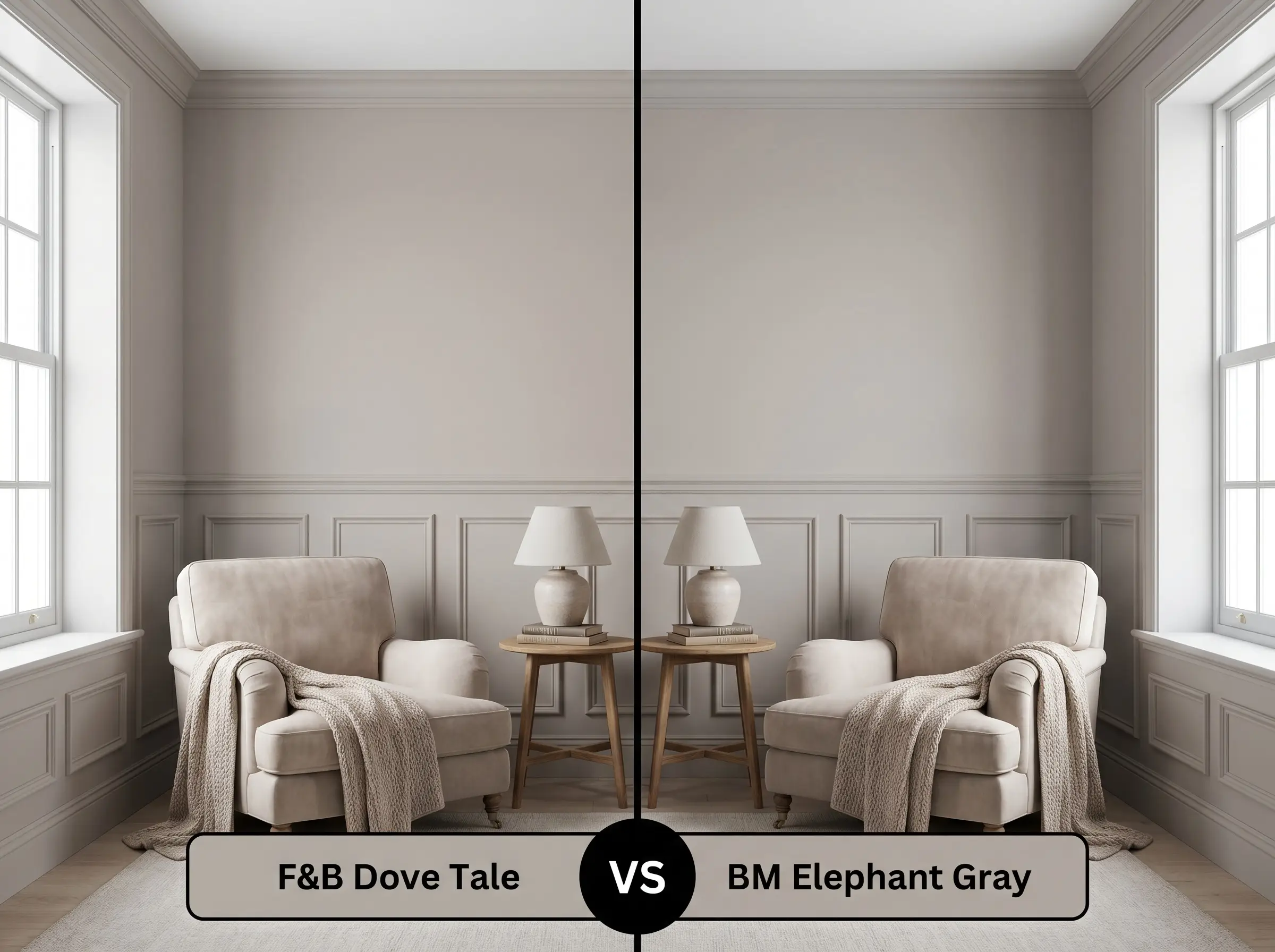 A split-screen comparison board for a reading nook contrasting Farrow & Ball Dove Tale (Hex #b7afa9) on the left against Benjamin Moore Elephant Gray (Hex #b5aba7) on the right.