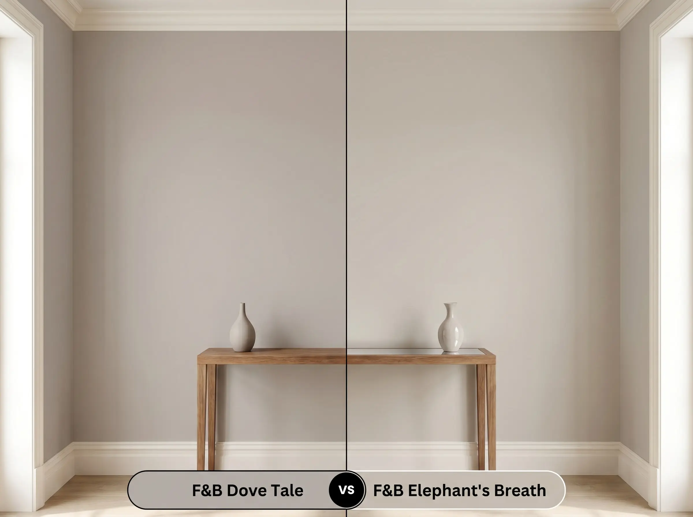 A split-screen comparison board for an entryway contrasting Farrow & Ball Dove Tale (Hex #b7afa9) on the left with Farrow & Ball Elephant's Breath (Hex #c7beb3) on the right.