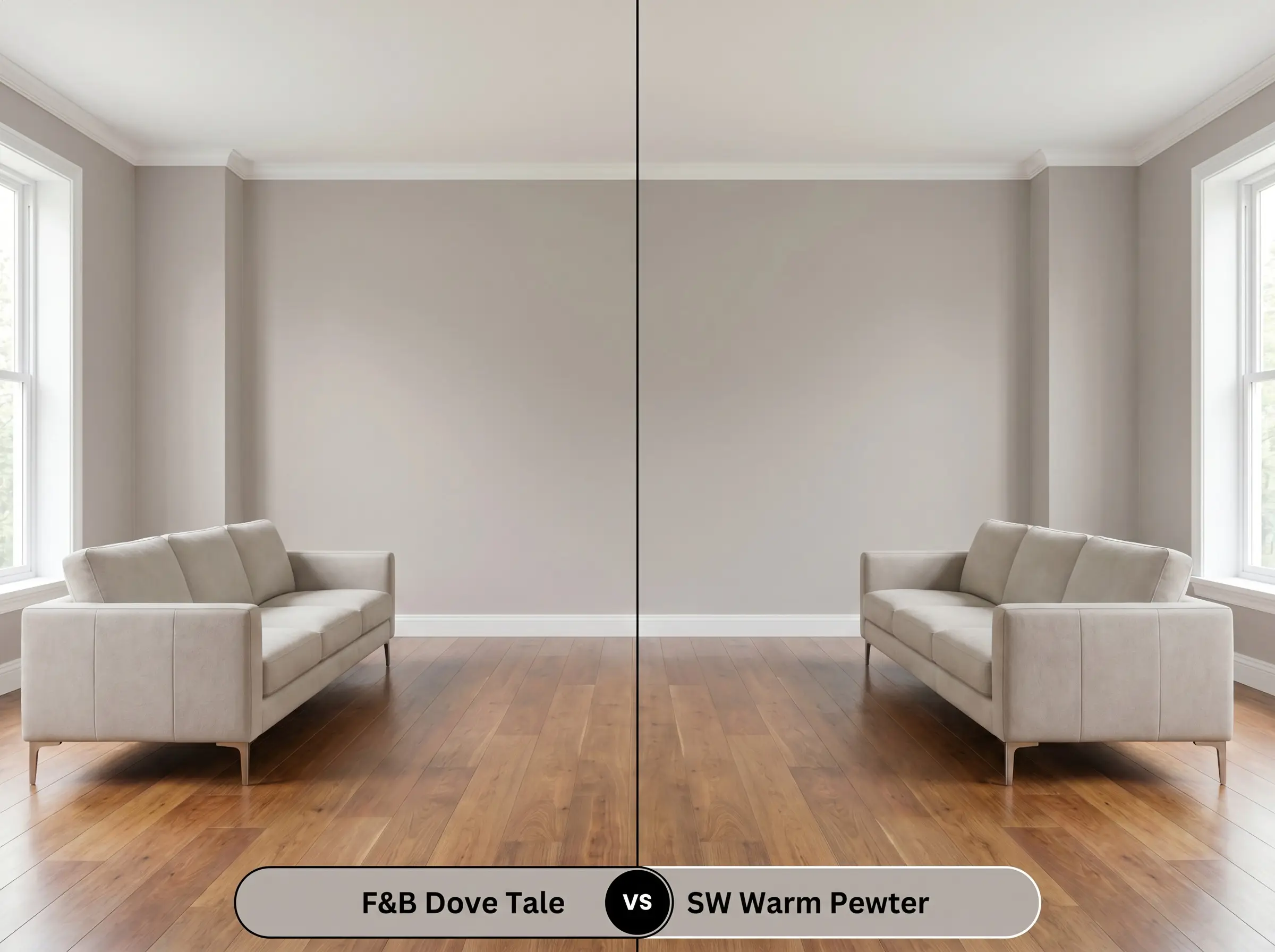 A split-screen comparison board for an open-concept living space contrasting Farrow & Ball Dove Tale (Hex #b7afa9) on the left with Sherwin-Williams Warm Pewter (Hex #b4ada6) on the right.