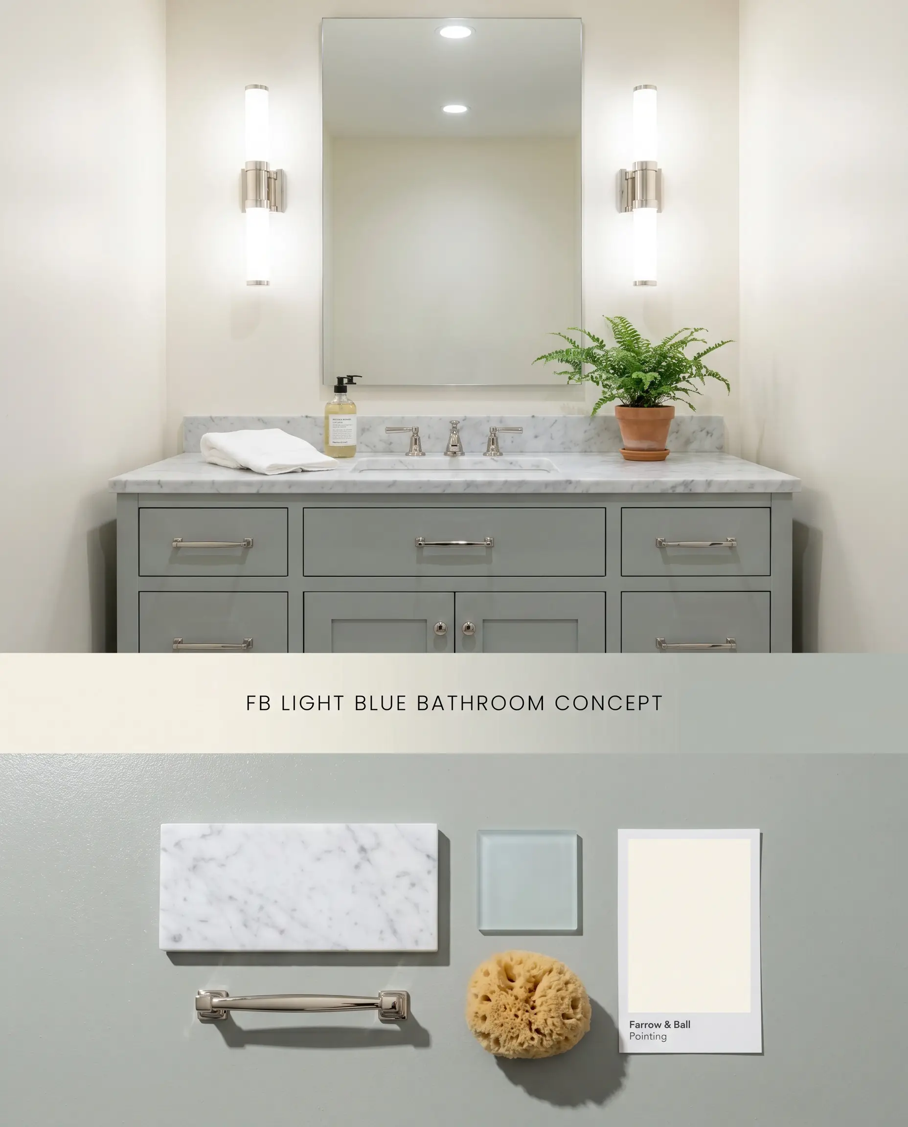 A split digital conceptual board for a windowless bathroom featuring a Farrow & Ball Light Blue vanity above a flat-lay of Carrara marble and polished nickel.