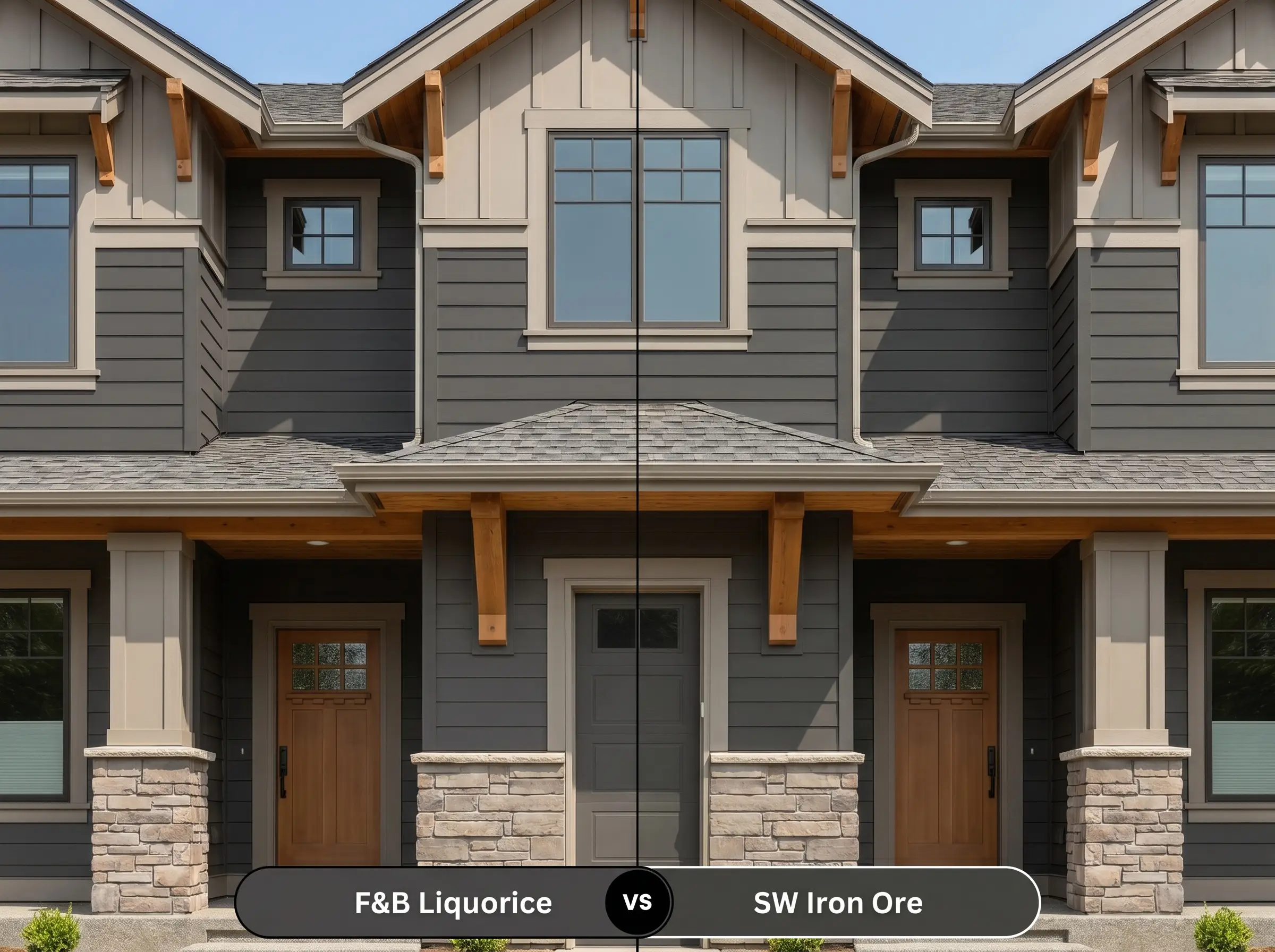 A razor-sharp split-screen comparison board for a modern exterior facade, contrasting F&B Liquorice (Hex #4a4949) on the left siding versus SW Iron Ore (Hex #434341) on the right siding.