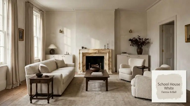 An expansive historic living room painted in Farrow & Ball School House White (Hex #e3ded0), featuring uneven plaster walls, unlacquered brass hardware, and a warm Calacatta Gold marble fireplace.