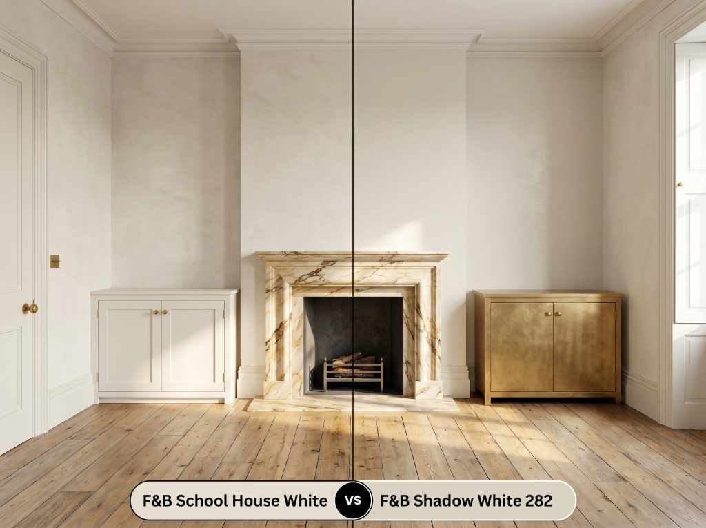 A razor-sharp split-screen comparison board for Farrow & Ball School House White (Hex #e3ded0) versus Farrow & Ball Shadow White in a historic living room with uneven plaster walls and a warm marble fireplace.