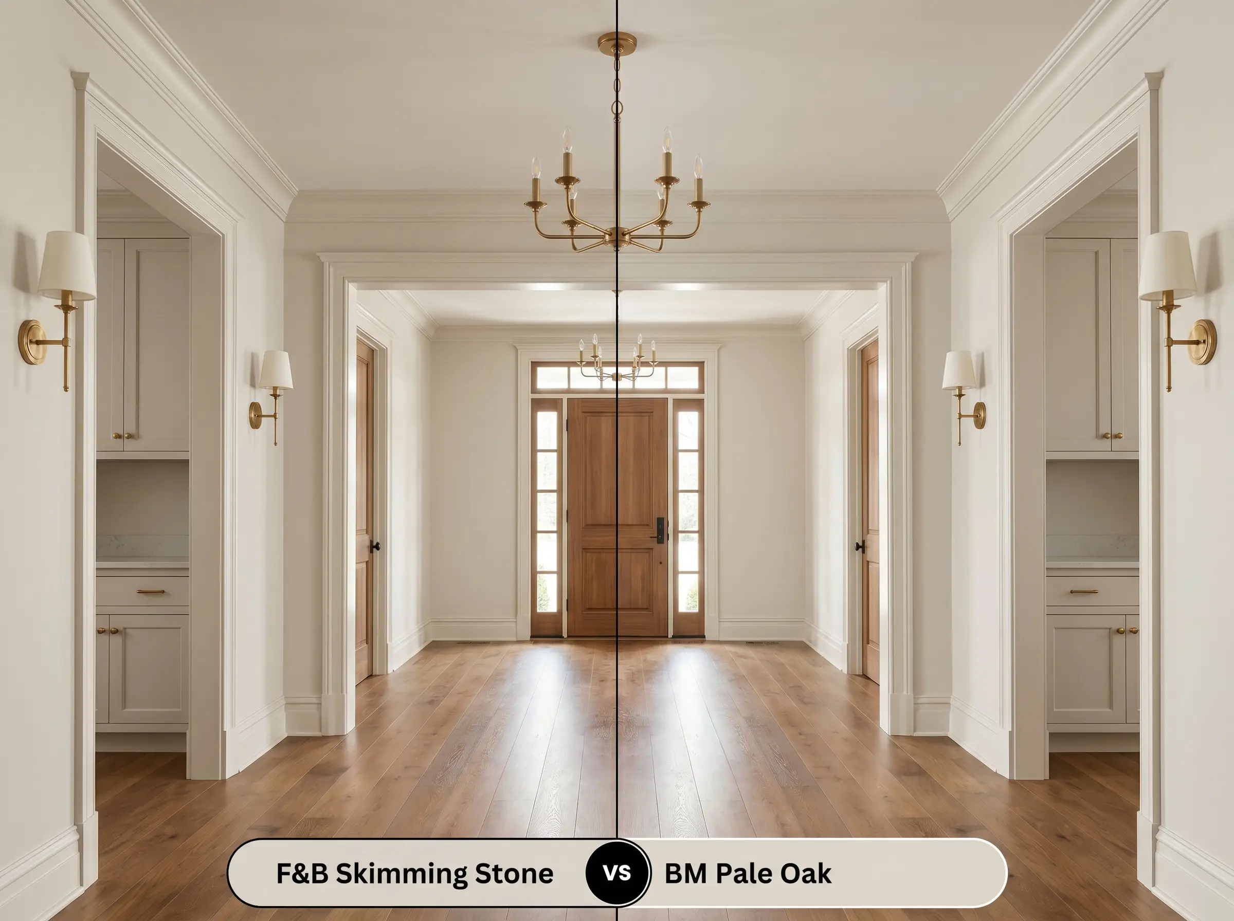 A split-screen comparison board for a transitional space evaluating Farrow & Ball Skimming Stone (Hex #dbd5ca) on the left against Benjamin Moore Pale Oak (Hex #ded8cd) on the right, featuring unlacquered brass fixtures.