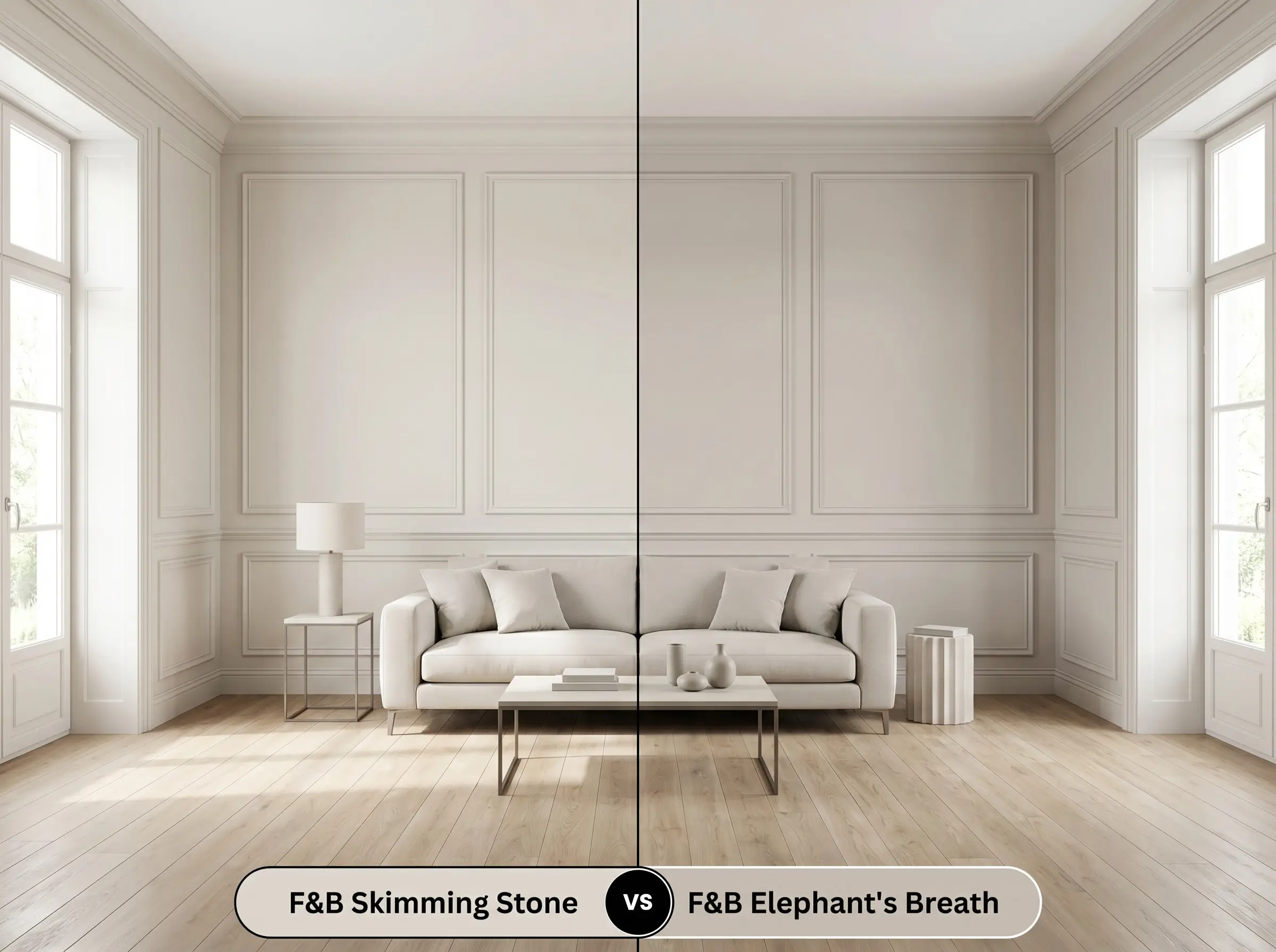 A split-screen comparison board for a modern living room contrasting Farrow & Ball Skimming Stone (Hex #dbd5ca) on the left with Elephant's Breath (Hex #c7beb3) on the right across elegant wainscoting.