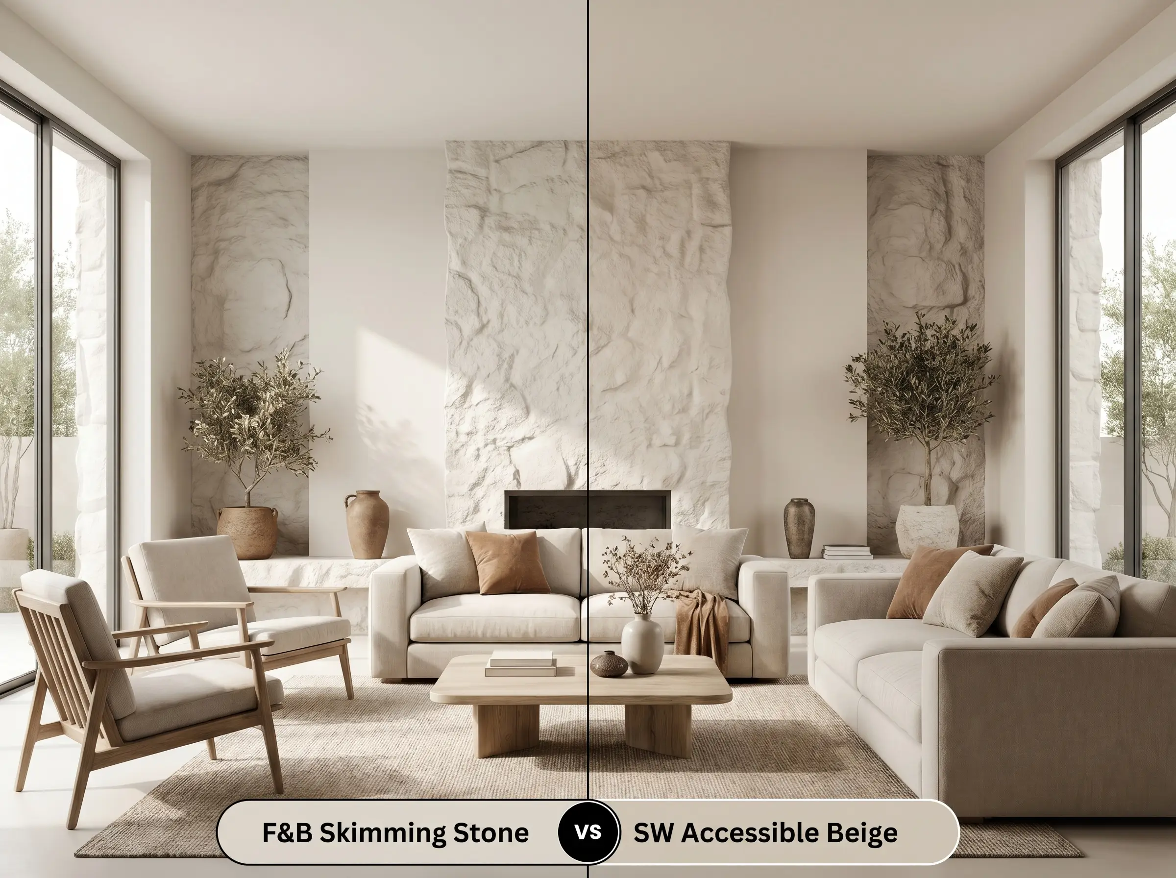 A split-screen comparison board for a modern living space comparing Farrow & Ball Skimming Stone (Hex #dbd5ca) on the left with Sherwin-Williams Accessible Beige (Hex #d1c7b8) on the right alongside rough stone textures.