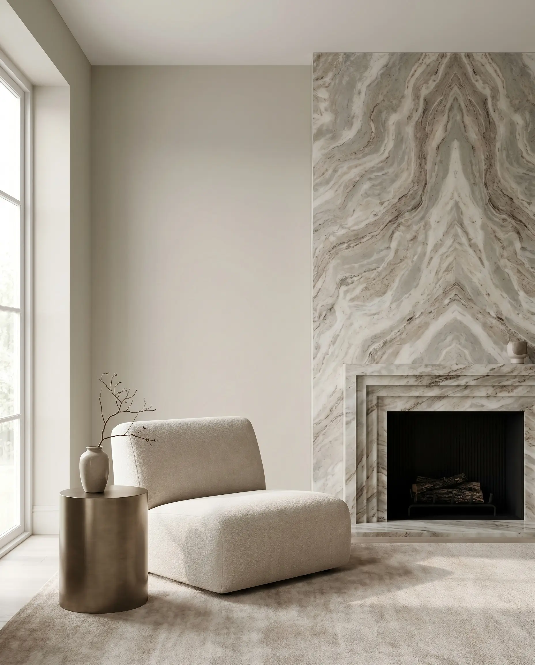 A taupe-veined Fior di Bosco stone surround seamlessly integrates into walls painted in Farrow & Ball Drop Cloth beside a sleek contemporary lounge chair.