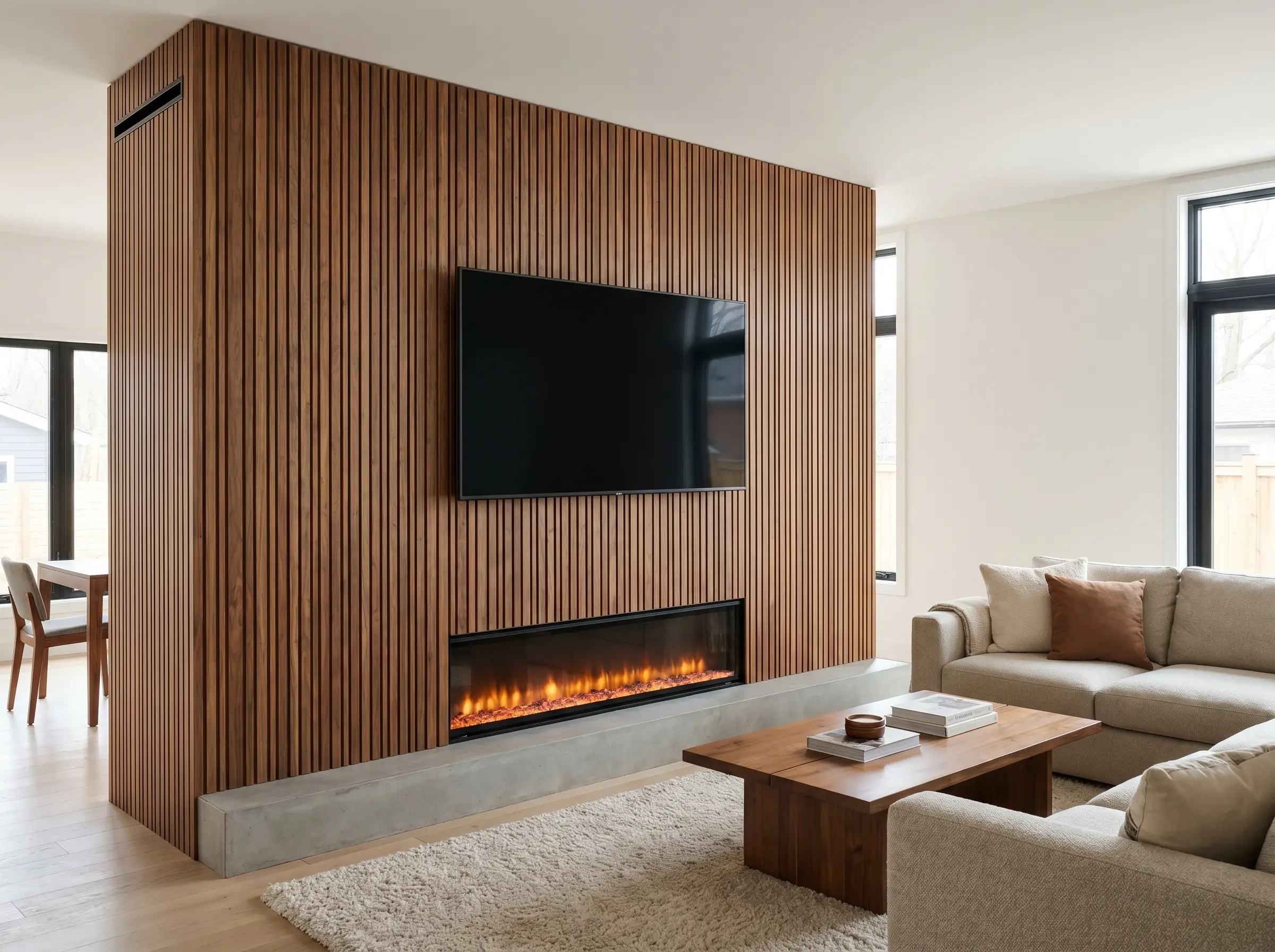 A monolithic protruding stud-frame bump-out wrapped in vertical wood veneer slats functions as a modern false chimney, integrating a sleek television and linear electric fireplace.