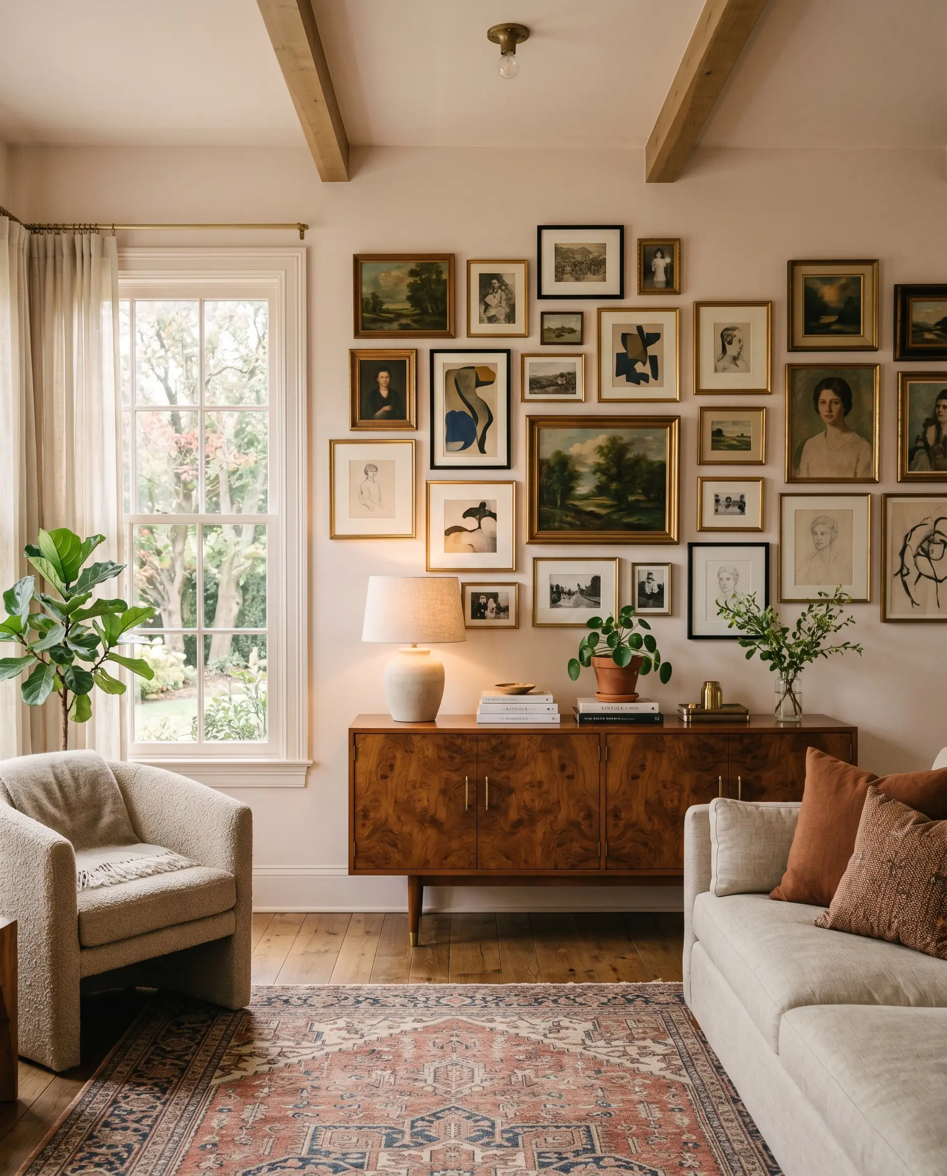 A sprawling asymmetrical gallery wall of vintage art rests atop a mid-century burl wood credenza against color-drenched blush pink walls, baseboards, and window casings.