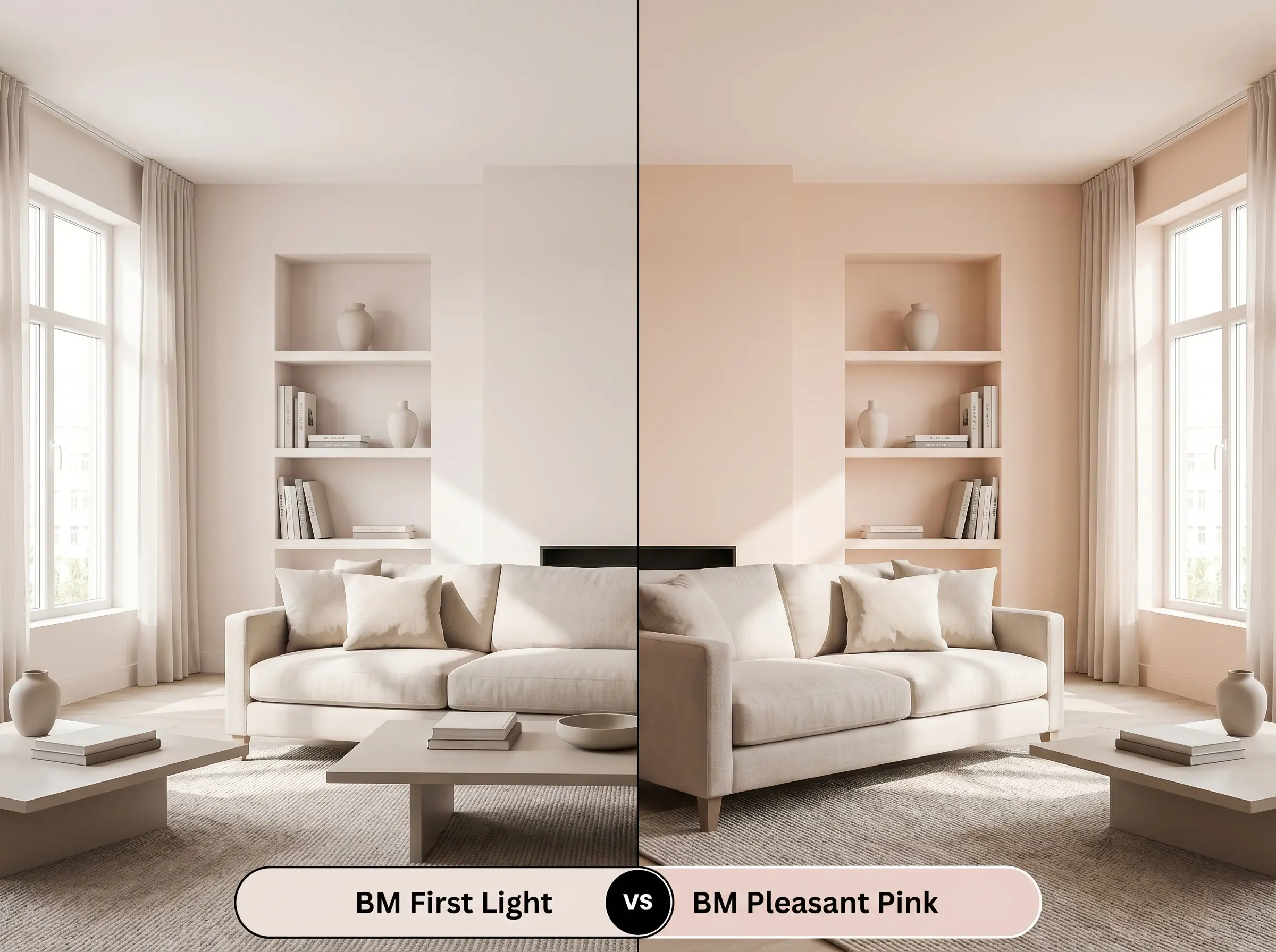 A side-by-side split-screen comparison of Benjamin Moore First Light on the left and Benjamin Moore Pleasant Pink on the right, shown in a spacious sun-drenched living room with an elegant linen sofa.