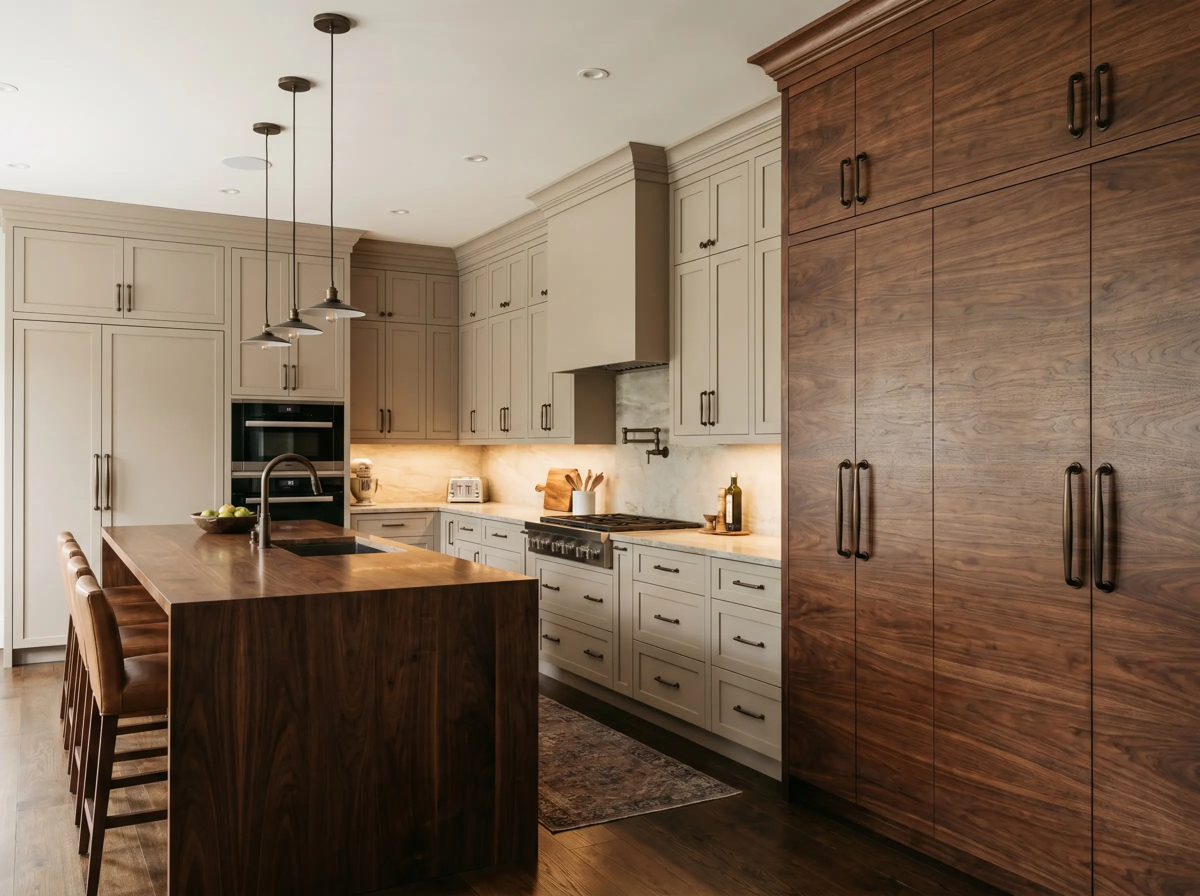 A massive floor-to-ceiling flat-cut walnut pantry with dark bronze hardware contrasts sharply against soft warm greige kitchen perimeter cabinets.