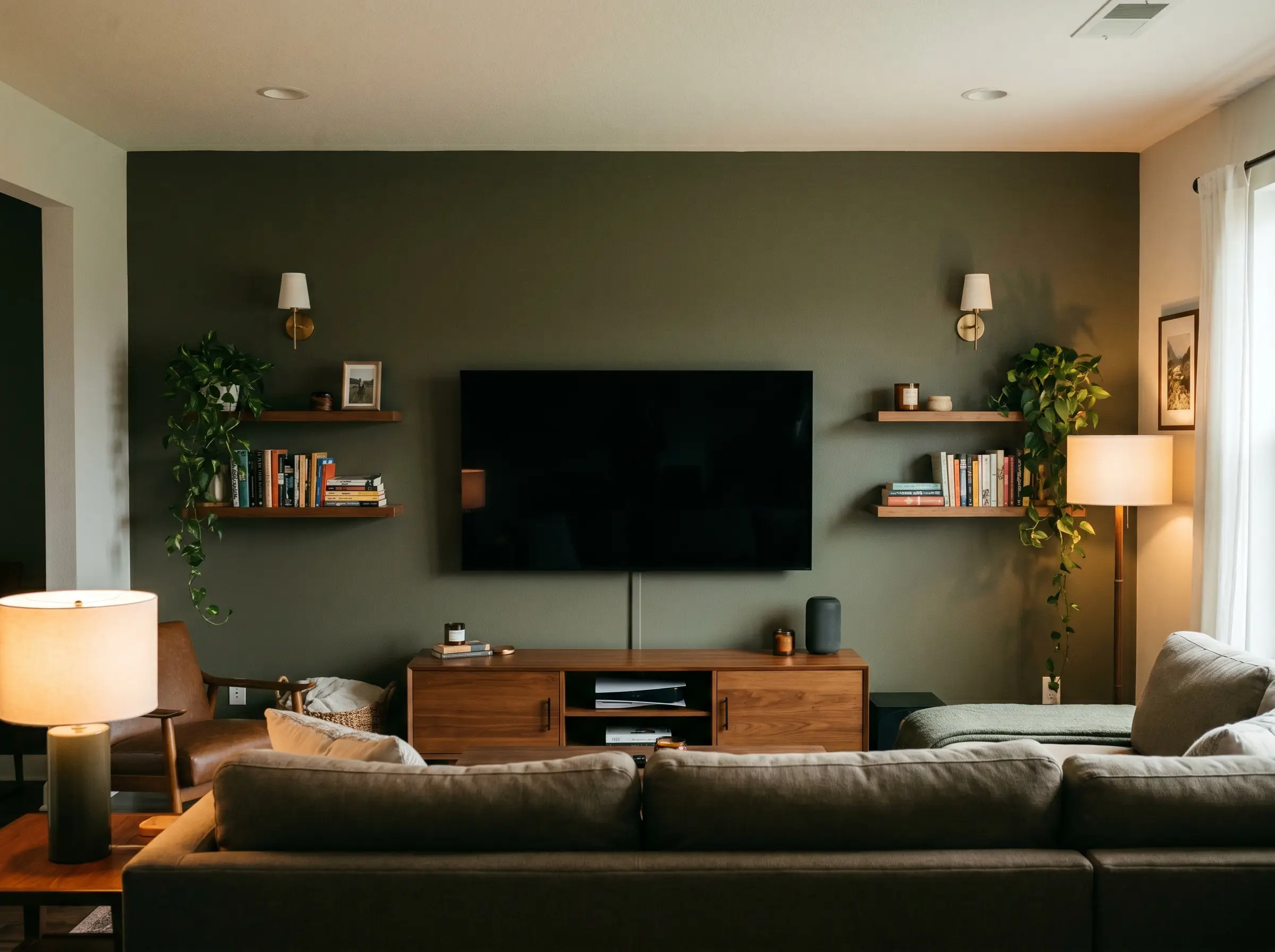 A warm wood media console and flush-mounted television anchor an olive green accent wall living room complete with wood shelving and a sectional sofa.
