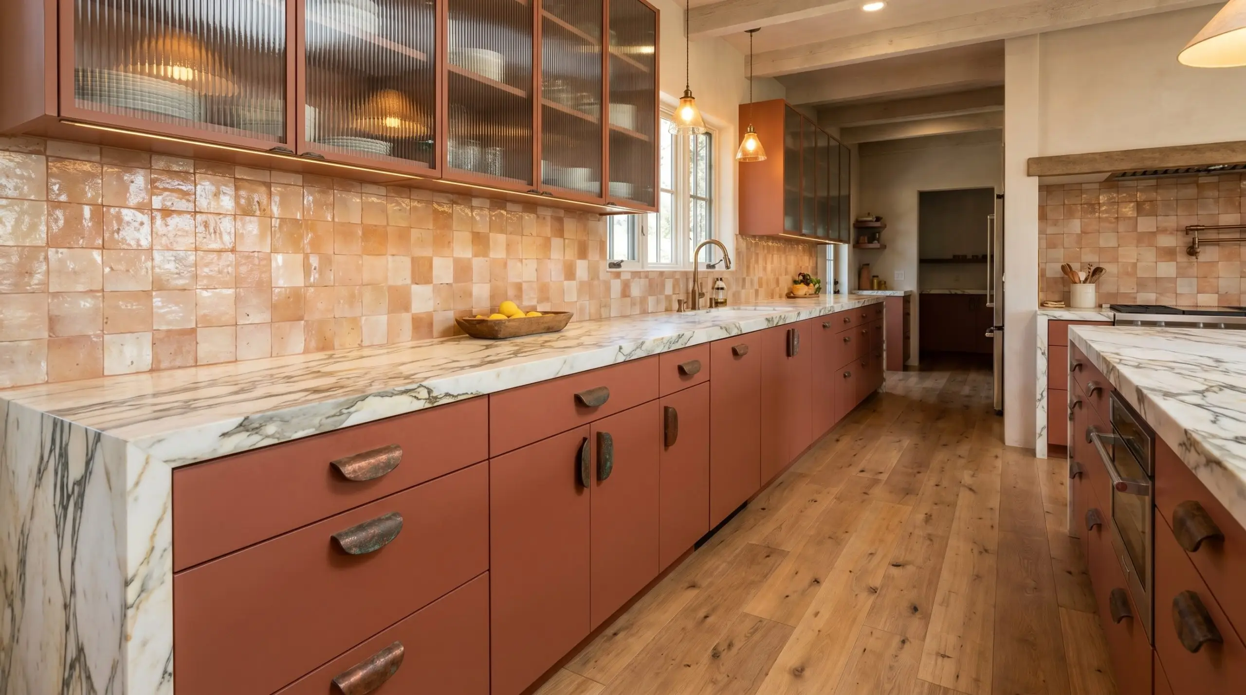 Flat-panel terracotta base cabinetry features oversized oxidized copper hardware beneath thick Calacatta marble countertops and a highly reflective handmade zellige tile backsplash.