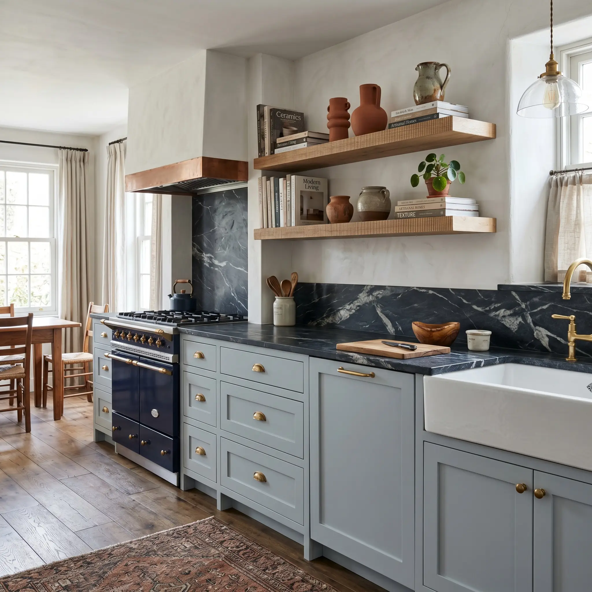 Flat-panel kitchen cabinetry painted in a silvery blue cast pairs seamlessly with heavy veined soapstone countertops, raw reeded wood floating shelves, and unlacquered brass hardware.