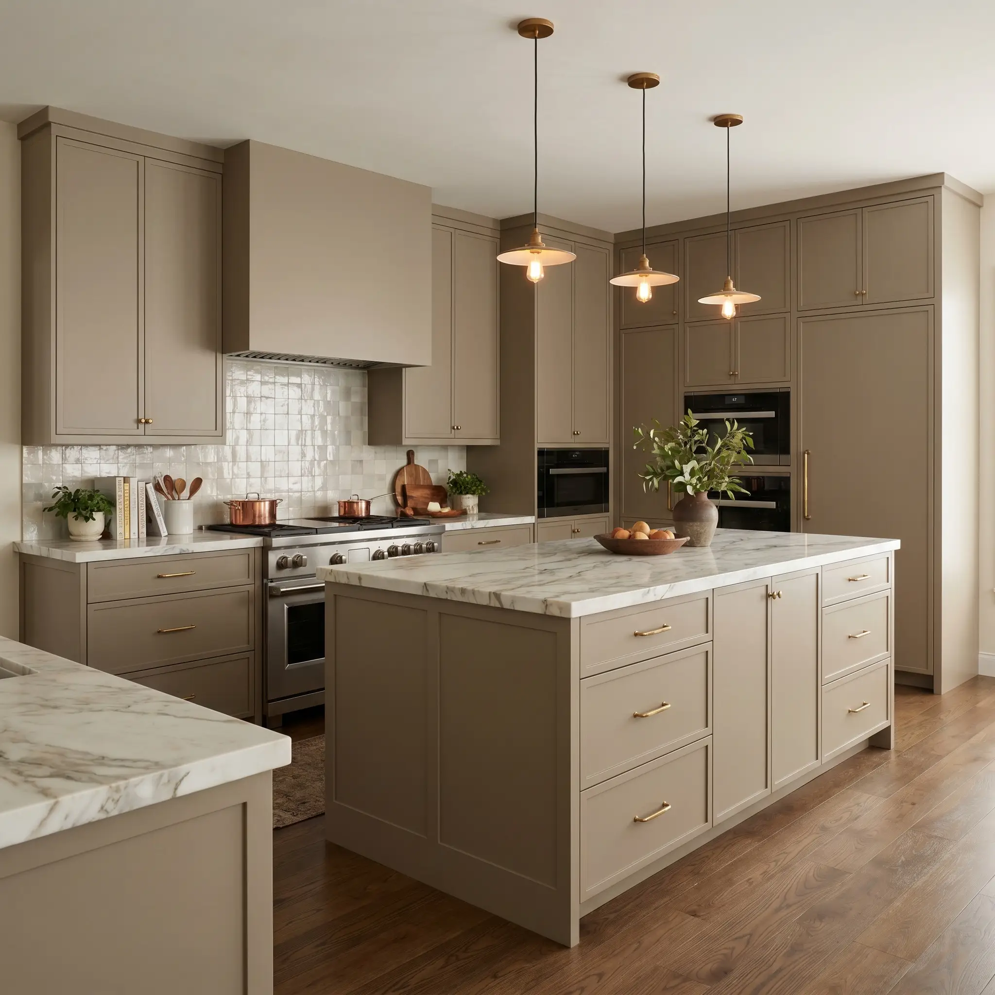 Custom flat-panel kitchen cabinetry painted in an earthy grey-brown pairs beautifully with heavily veined Calacatta marble countertops and a reflective zellige tile backsplash.