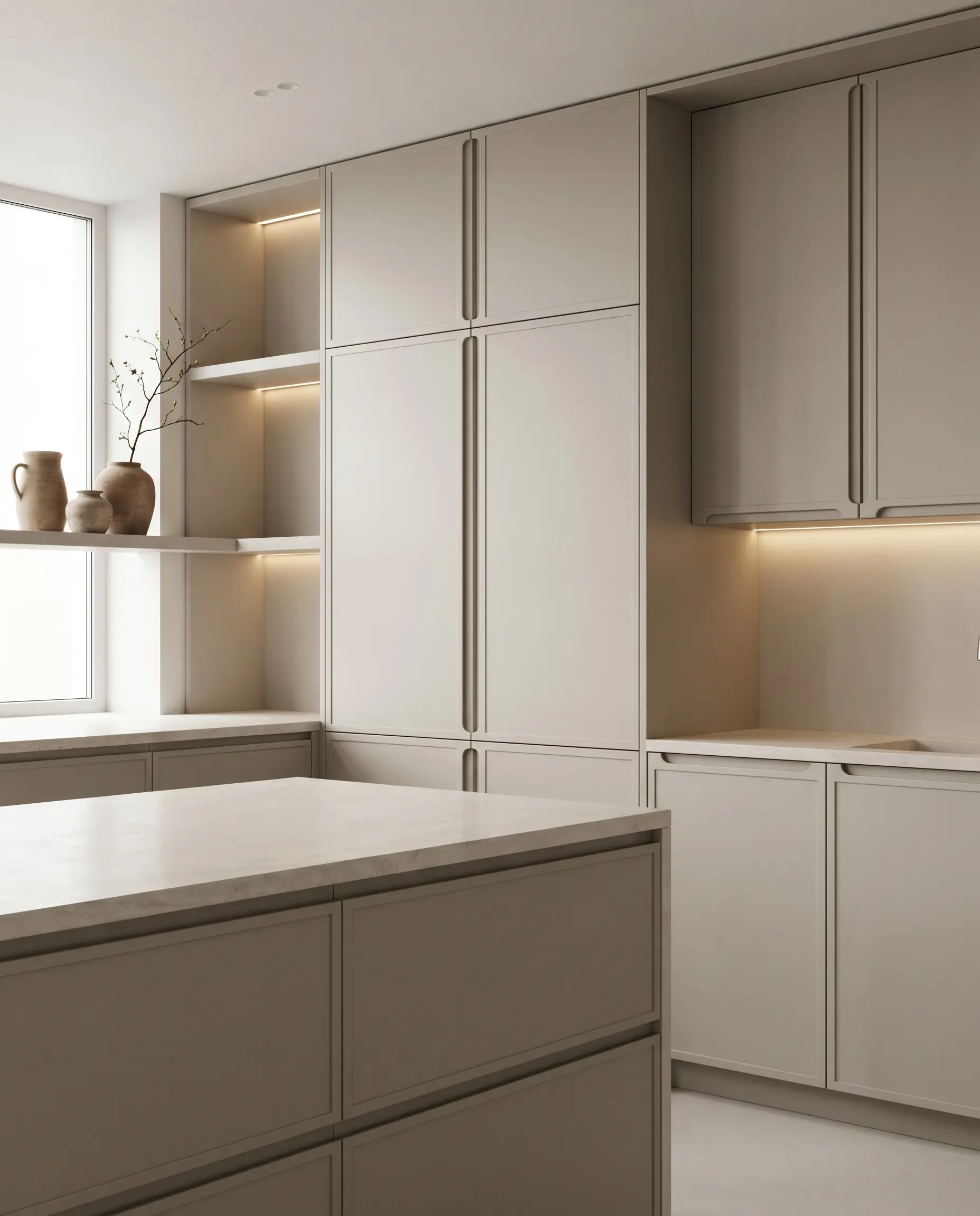 Flat wash greige cabinet doors feature perfectly milled, integrated finger-route grips, eliminating visible metal hardware for a serene, architecturally pure aesthetic.