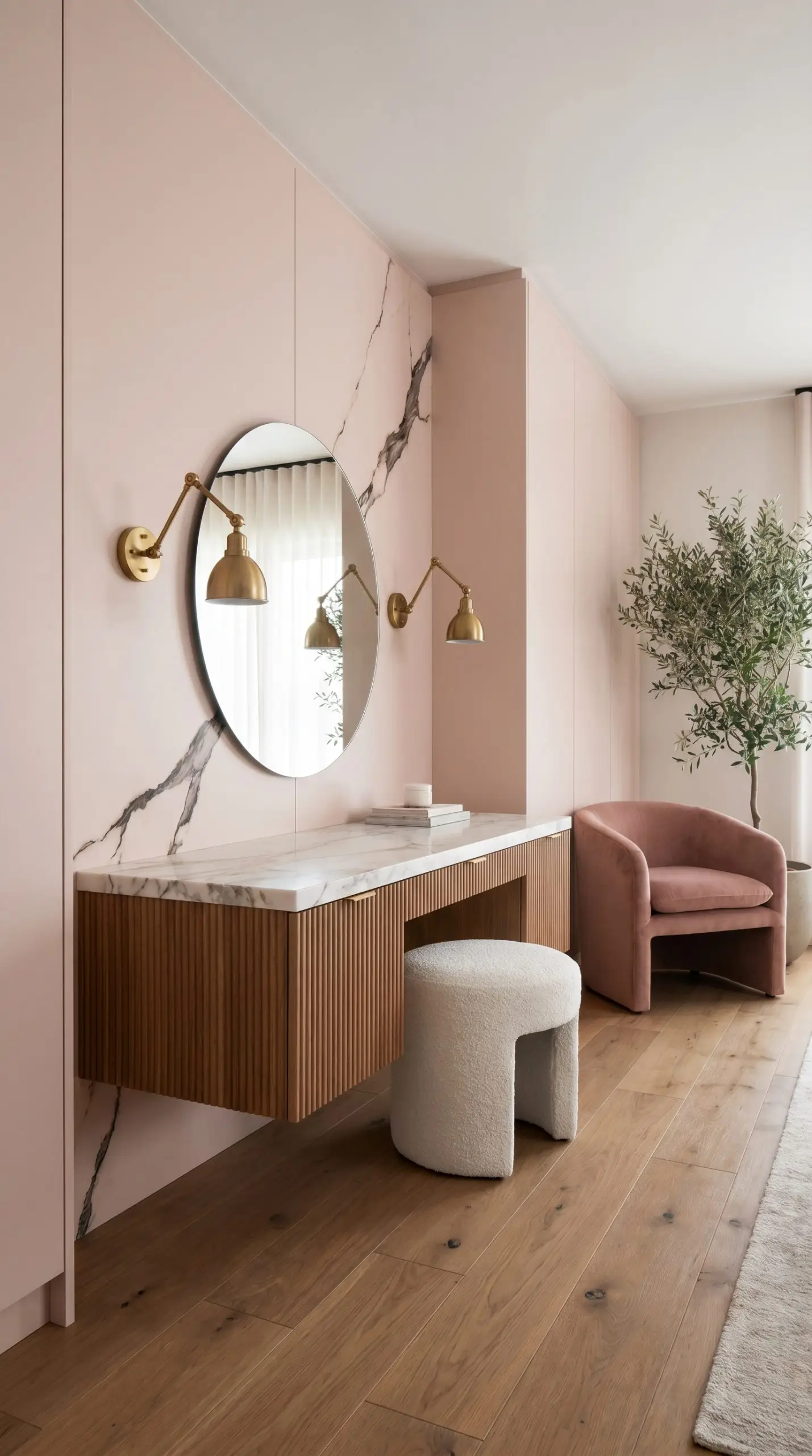 A floating vanity desk with a honed Calacatta marble countertop and fluted wood base sits above a white bouclé stool flanked by articulating brass sconces.