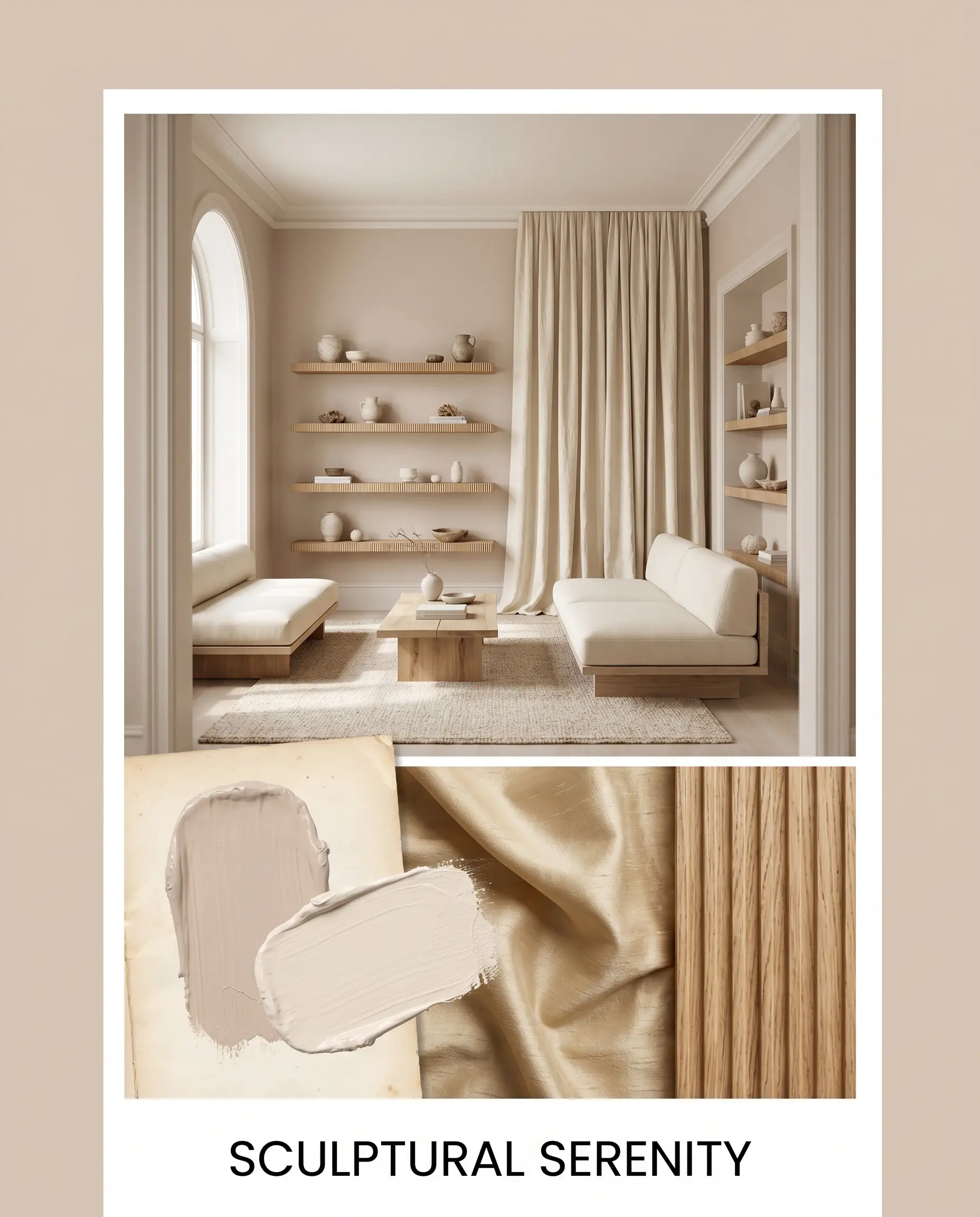 Floating fluted oak shelves and heavy raw silk drapery frame low-profile furnishings above a curated flat-lay of natural textile swatches.