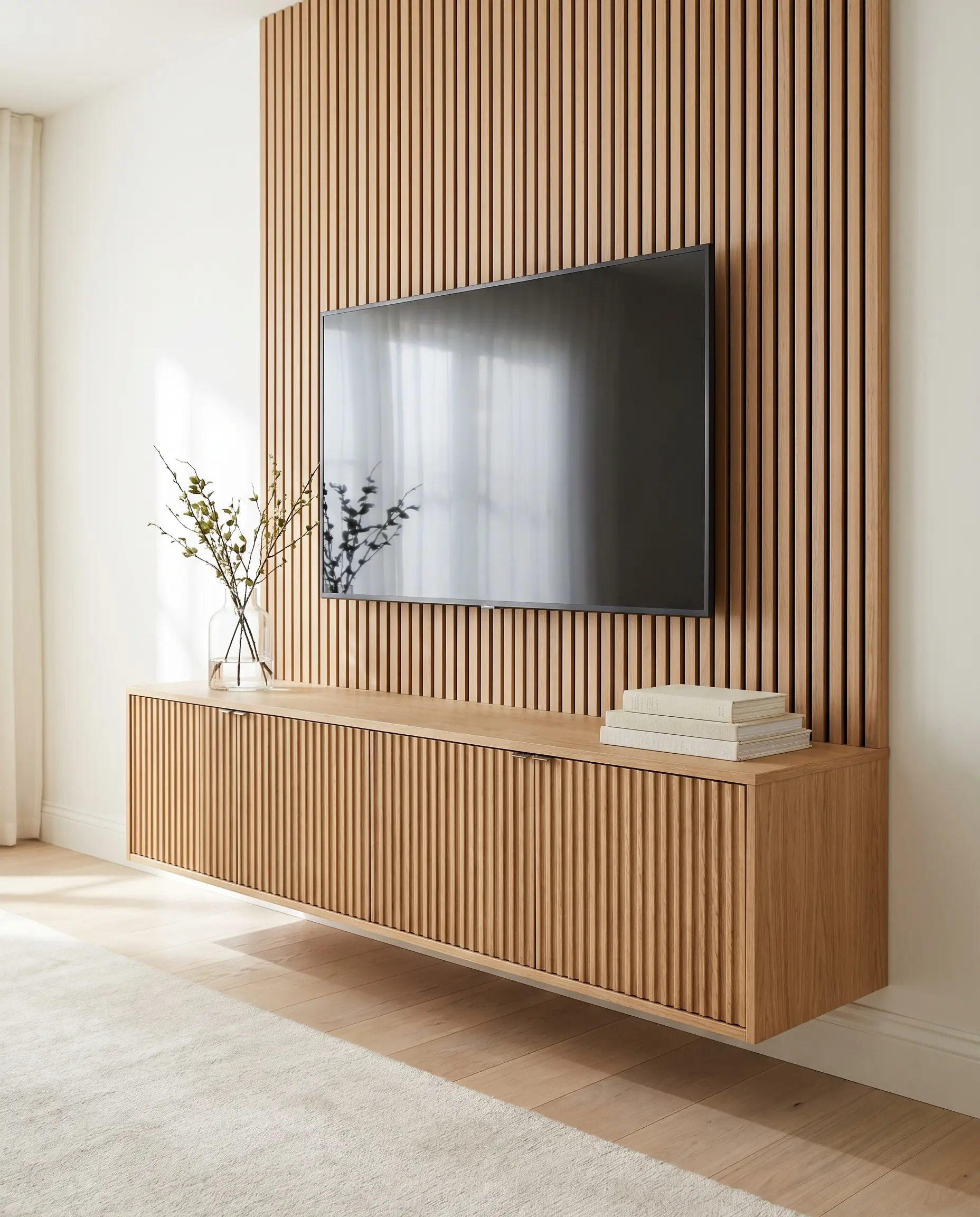 A weightless, floating media console with deeply ribbed wooden doors is secured directly beneath the acoustic timber panels of a wood slat tv wall modern living room.
