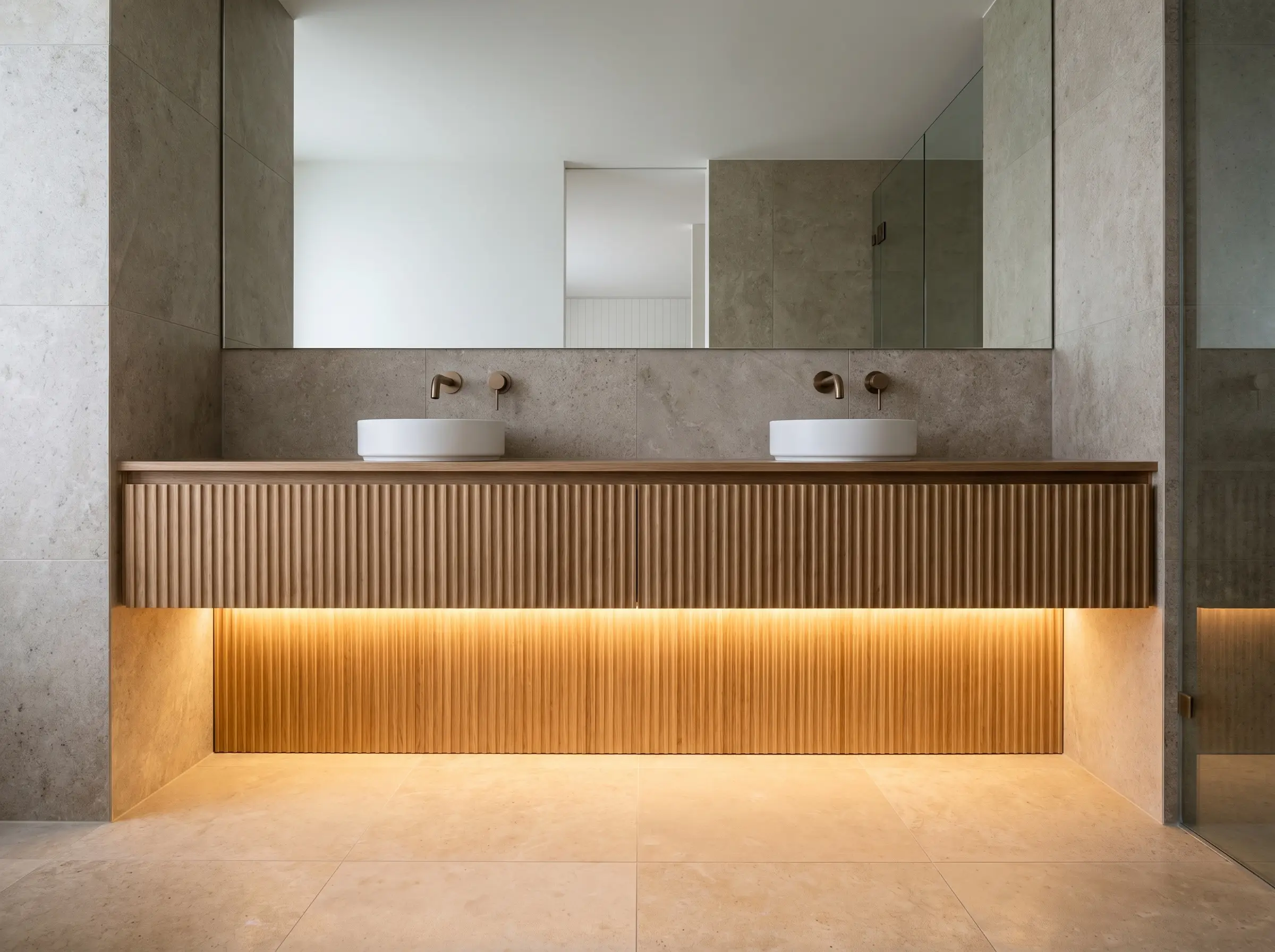 A monolithic floating fluted white oak bathroom vanity stretches wall-to-wall, illuminated by warm recessed LED tape lighting in an aluminum channel.