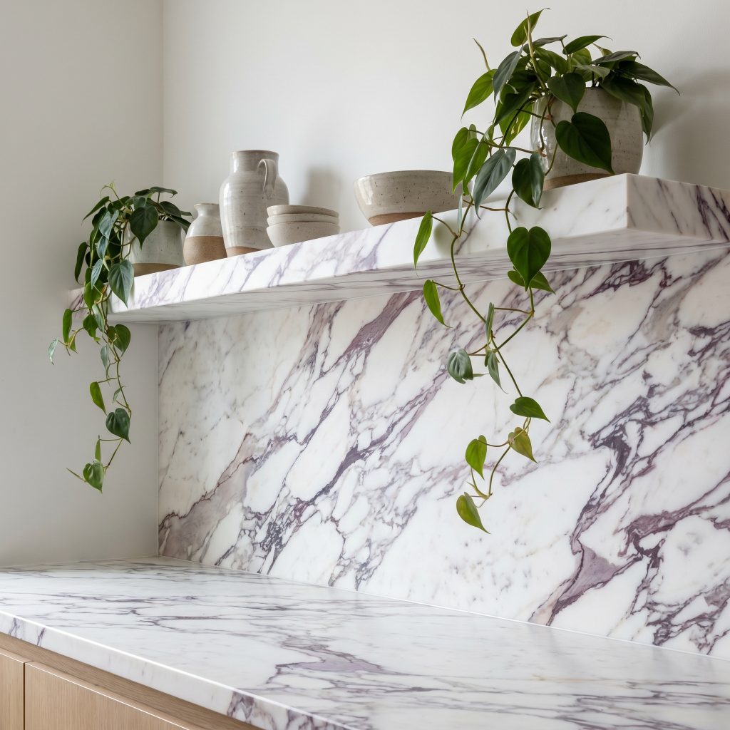 A shallow four-inch deep floating marble ledge with a crisp honed edge integrates directly into a matching stone wall displaying aligned cabernet veining.
