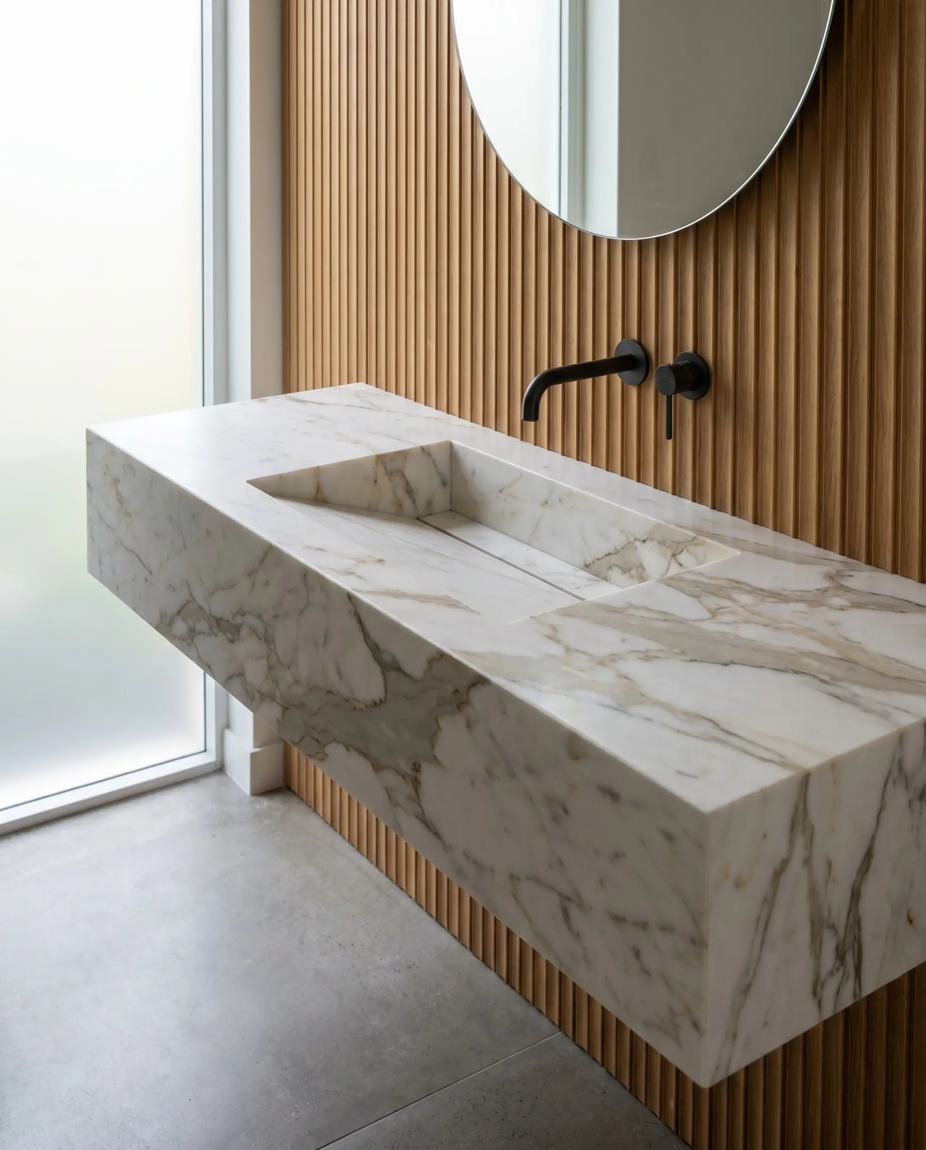 A floating calacatta marble powder room vanity features a monolithic integrated stone sink with a sloped basin and a matte black wall-mounted spout.