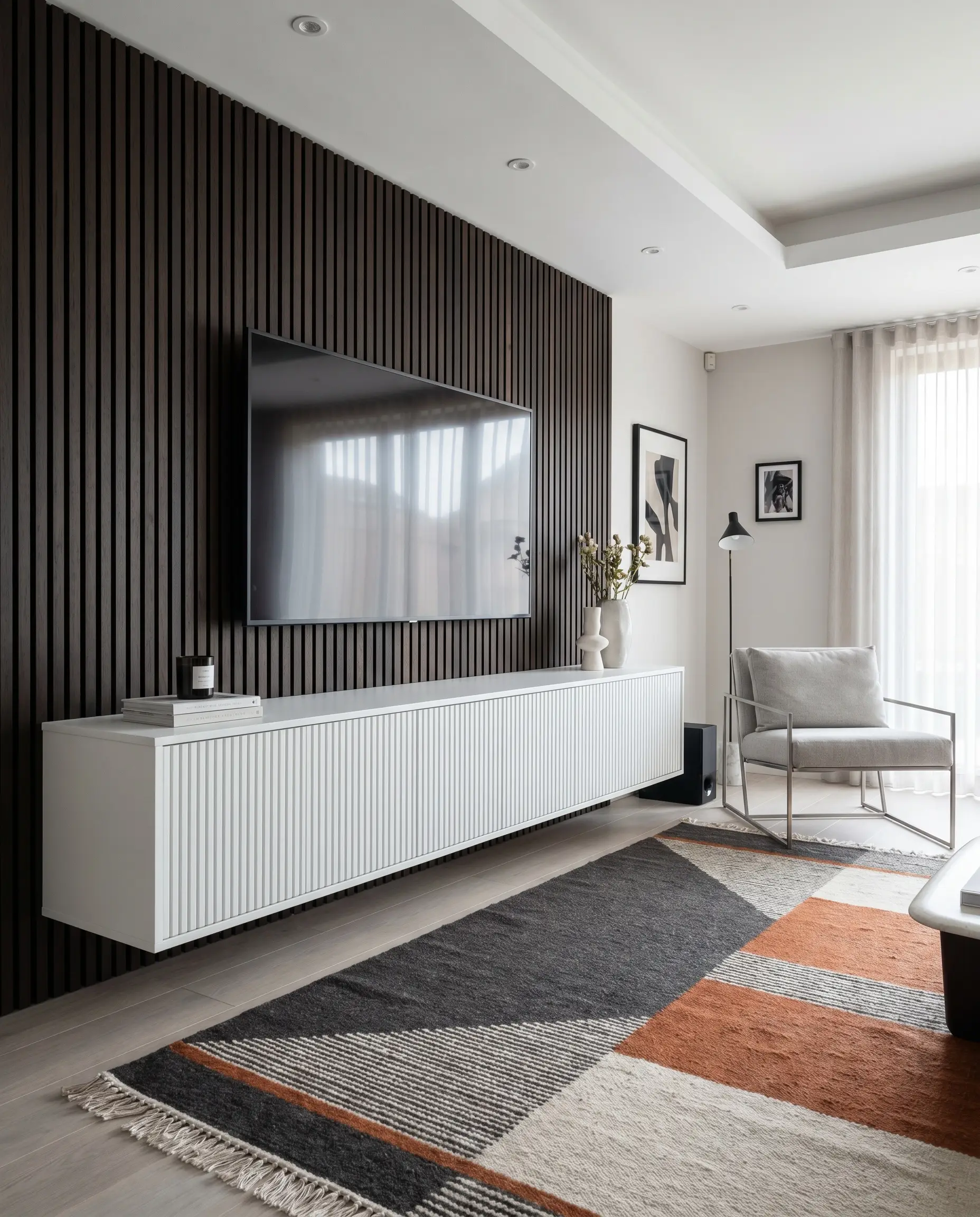 A floating matte white media console with micro-fluted cabinet doors is suspended beneath a flat-screen television against a dark espresso wood slat wall.