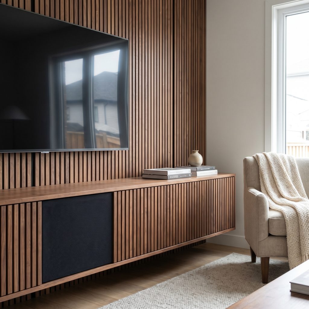 A custom floating media console features slatted wooden doors that perfectly match the vertical acoustic timber panels of the wall above, concealing a high-fidelity soundbar.