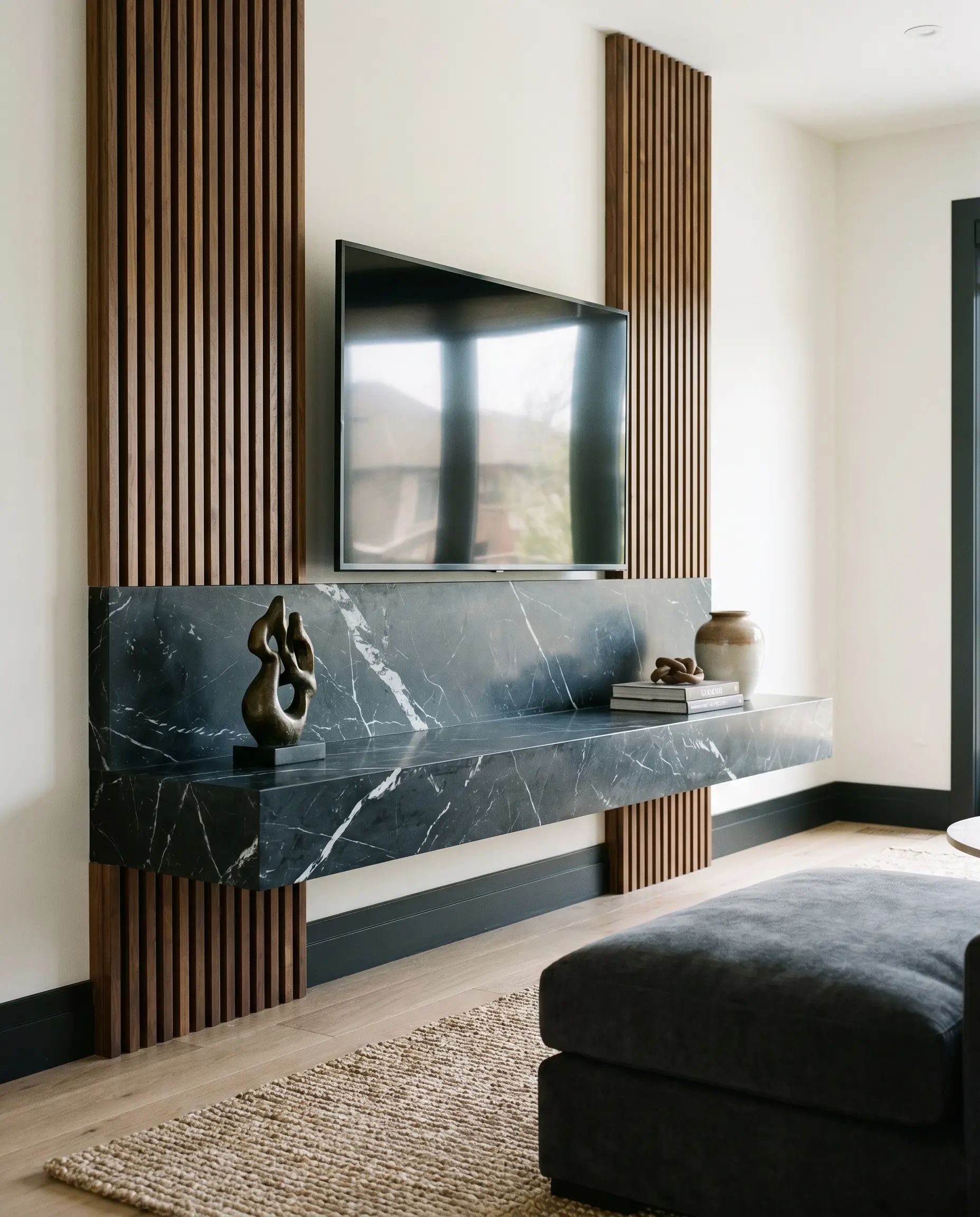 A cantilevered floating Nero Marquina marble hearth sits beneath a flat-screen television on a walnut and dark wood slat media wall with black baseboards.
