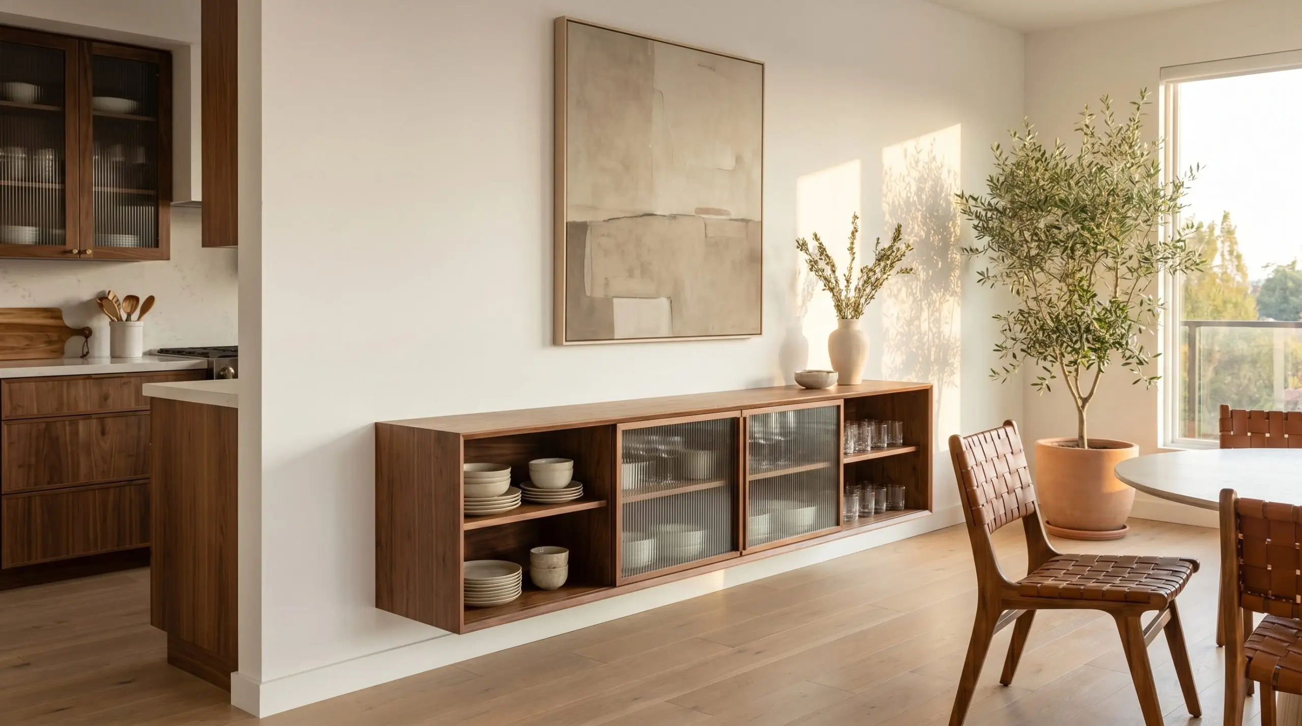 A floating wall-mounted solid wood credenza features sliding ribbed glass fronts beneath abstract minimalist art on a pure white wall.