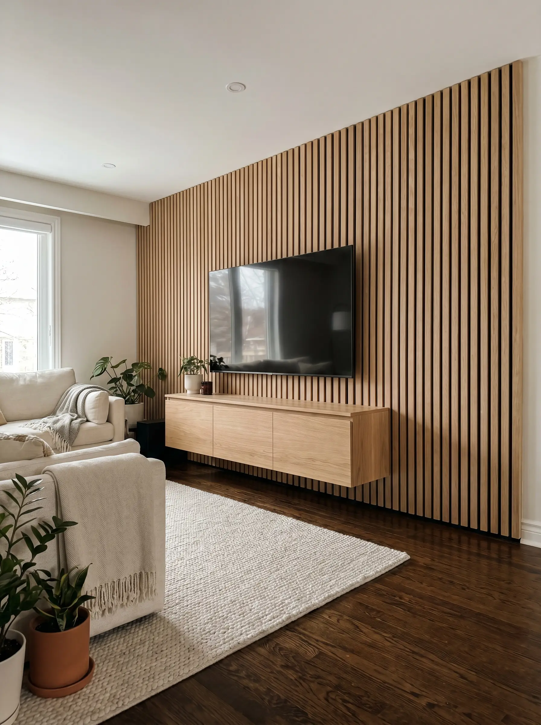 Vertical white oak slats run down a media wall and stop half an inch above the finished hardwood floor to create a precise floating shadow line.