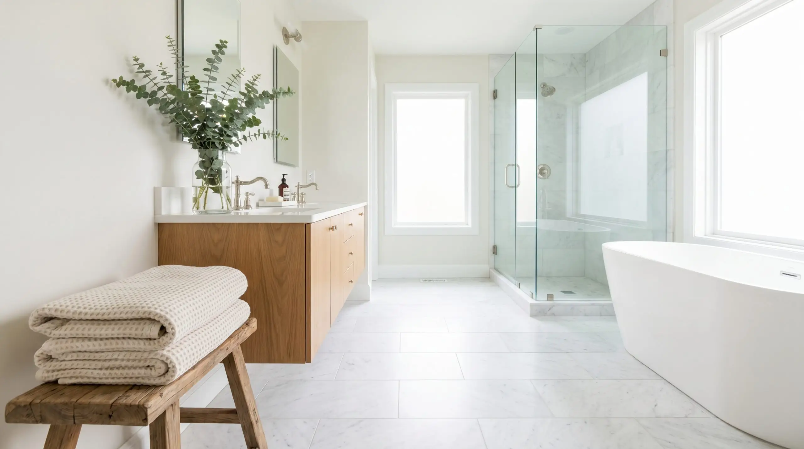 A freestanding white soaking tub and floating oak double vanity sit above honed Carrara marble flooring in a serene, cool-toned off-white spa bathroom.