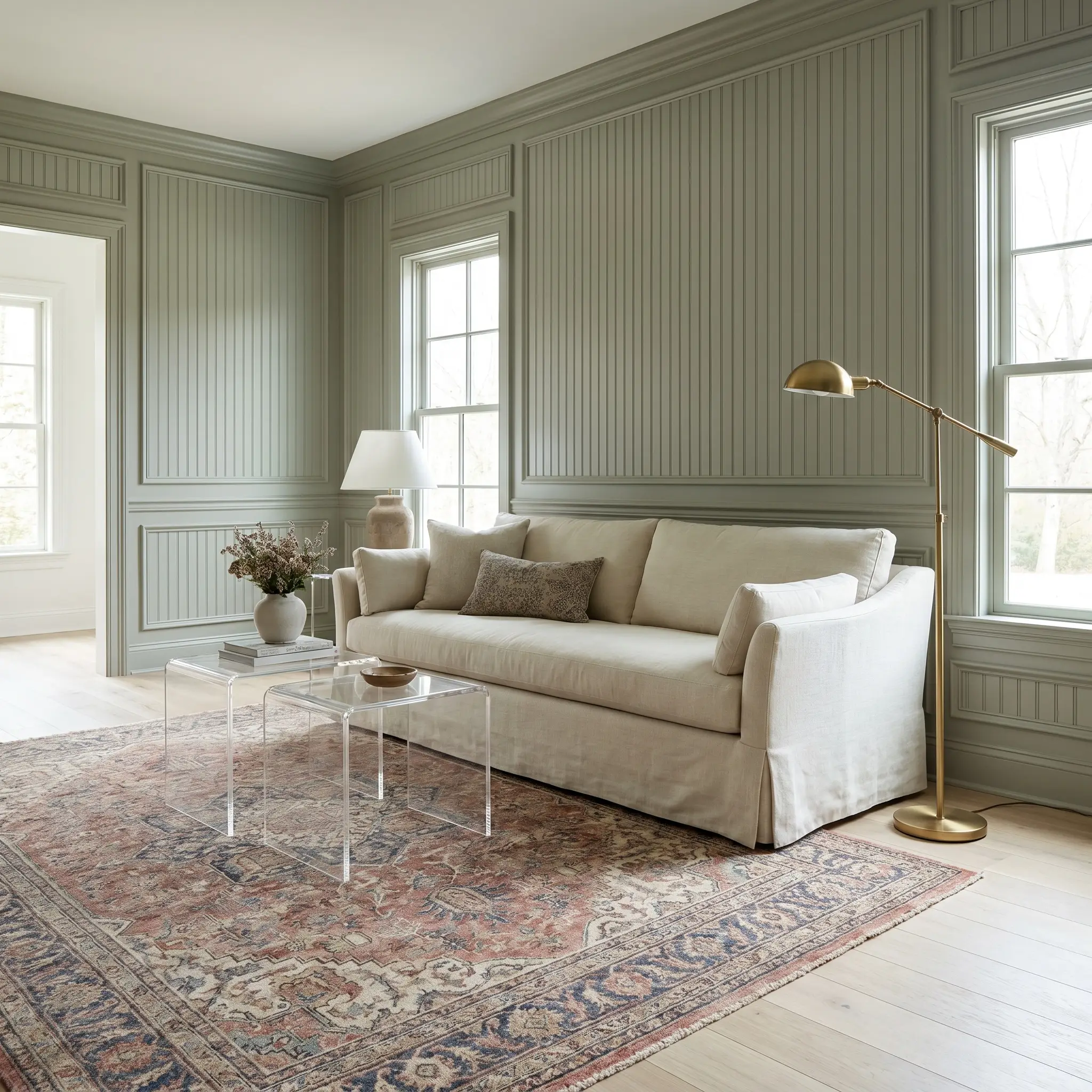 A classic skirted slipcovered sofa sits beside modern acrylic nesting tables against floor-to-ceiling beadboard and picture molding painted in a silvery mid-tone sage.