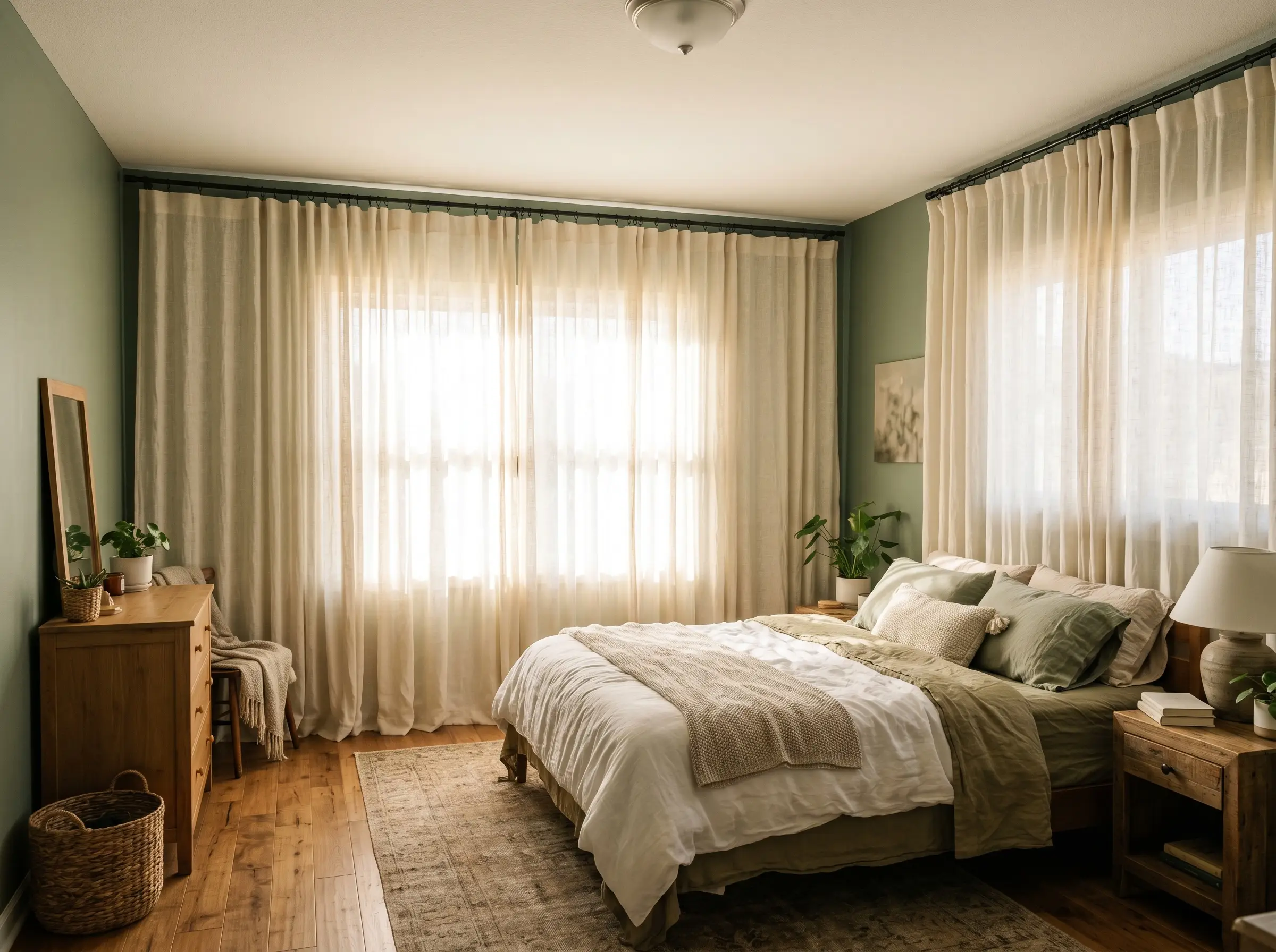 Floor-to-ceiling cream open-weave linen sheer curtains hang from a matte black rod across a window flanked by sage green walls.