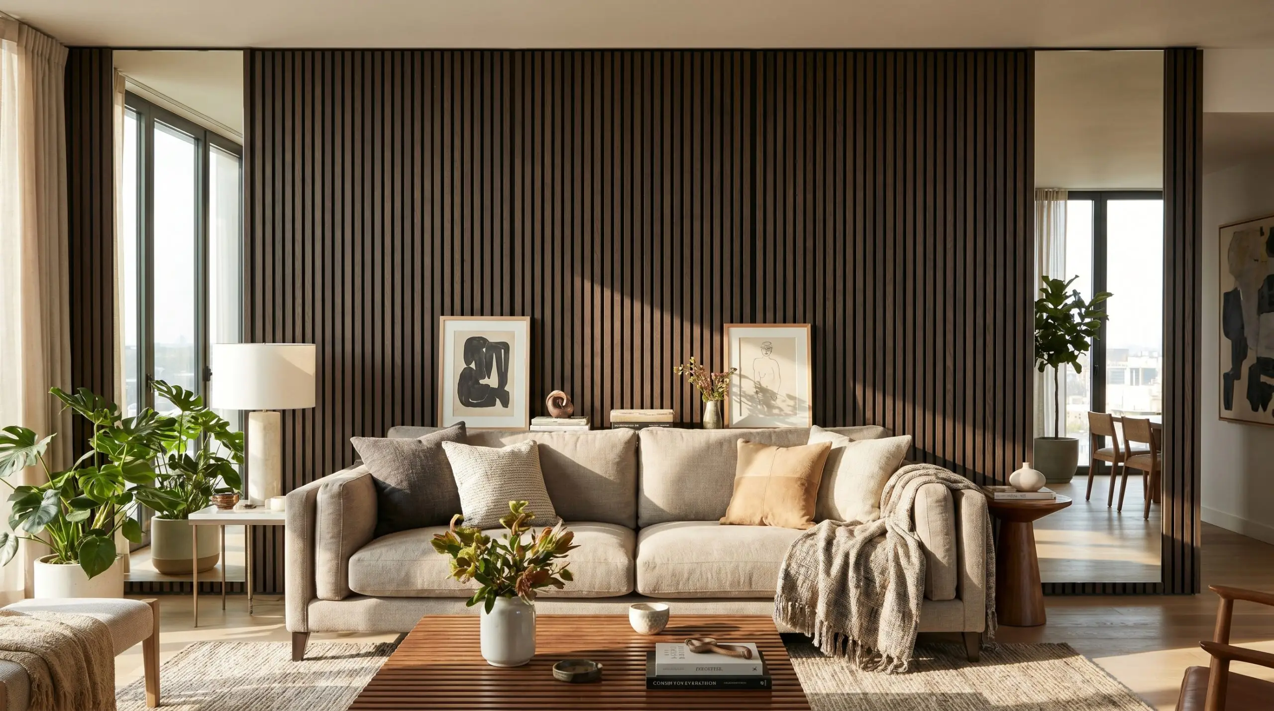 Flush floor-to-ceiling mirrored panels line the extreme left and right boundaries of a dark smoked oak wood slat wall behind a modern sofa.