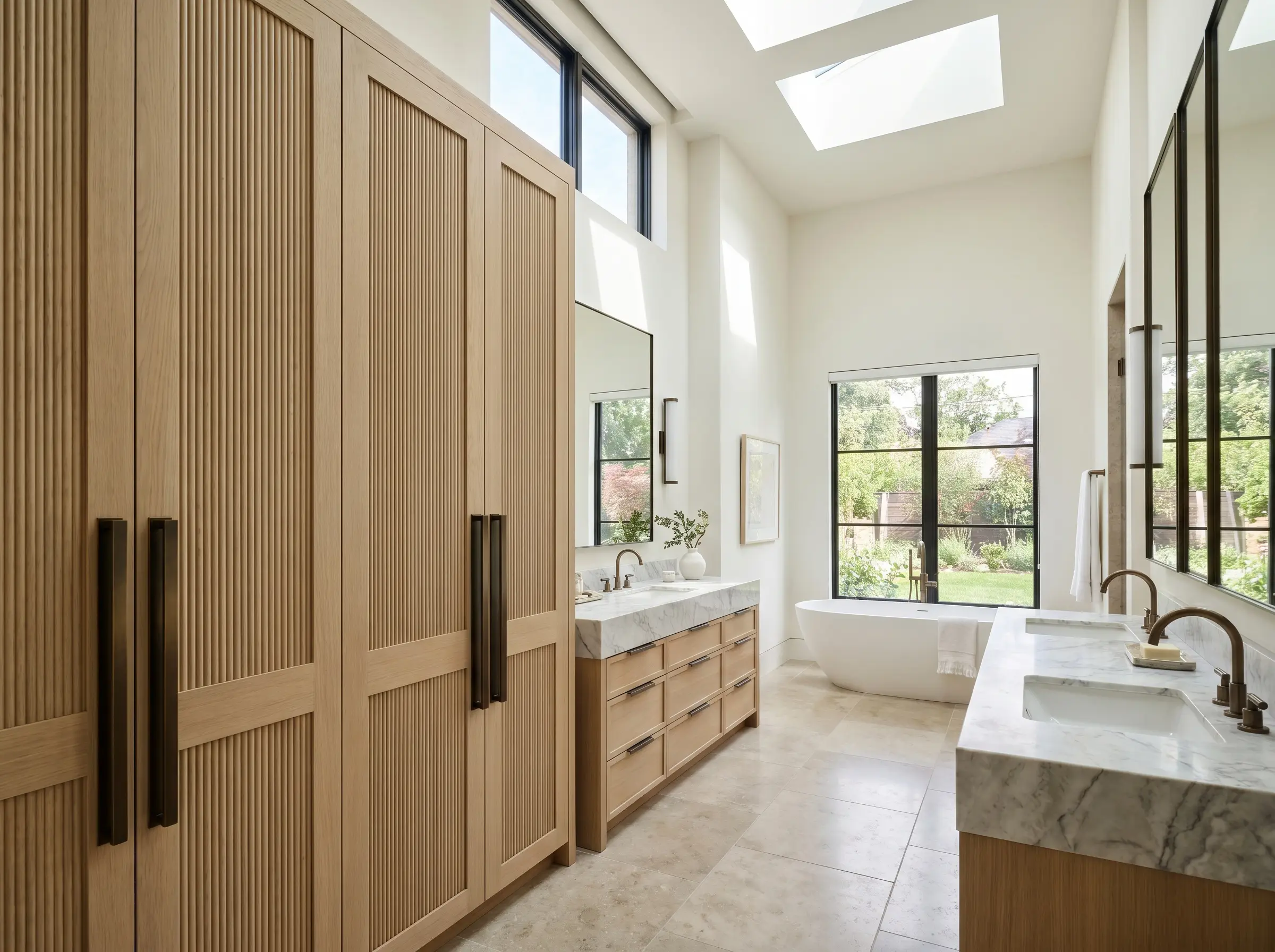 A dramatic floor-to-ceiling ribbed wood linen tower featuring oversized vertical metal pulls stands adjacent to a matching main vanity base.