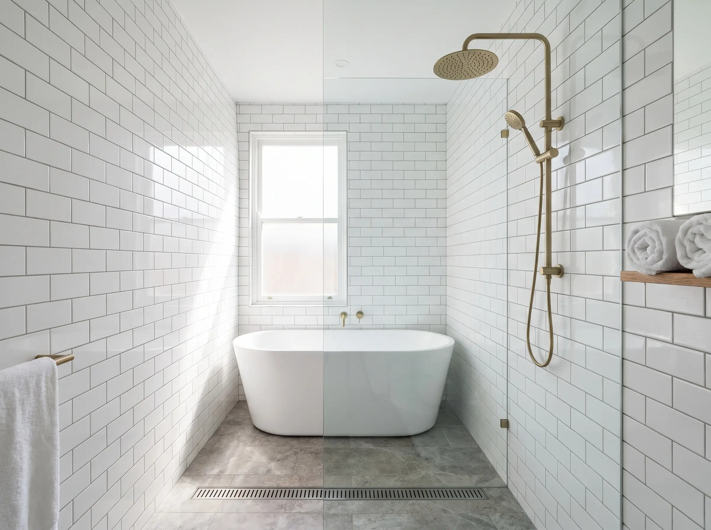 Floor-to-ceiling white ceramic walls define a subway tile bathroom wet room conversion featuring a seamless glass partition, freestanding tub, and brushed brass rain shower.