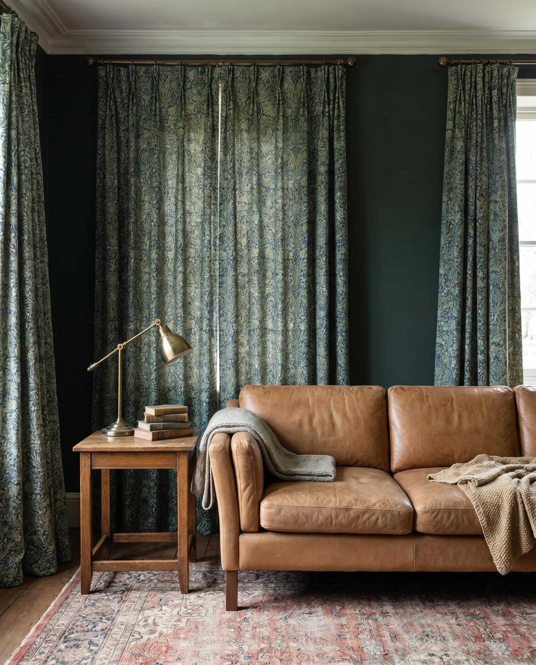 Oversized botanical printed linen curtains break up dark green walls beside a camel leather sofa and vintage oak side table.