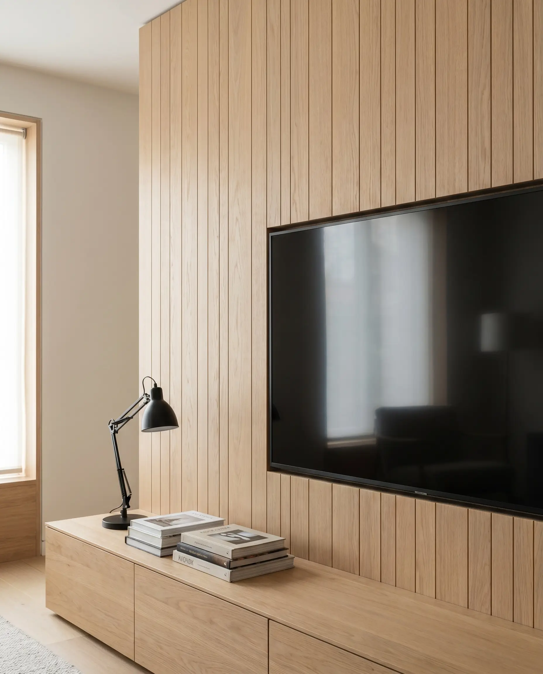 A flat-screen television sits absolutely flush against a vertical wood slat wall, held by an ultra-slim zero-clearance VESA mount above a simple wooden credenza.