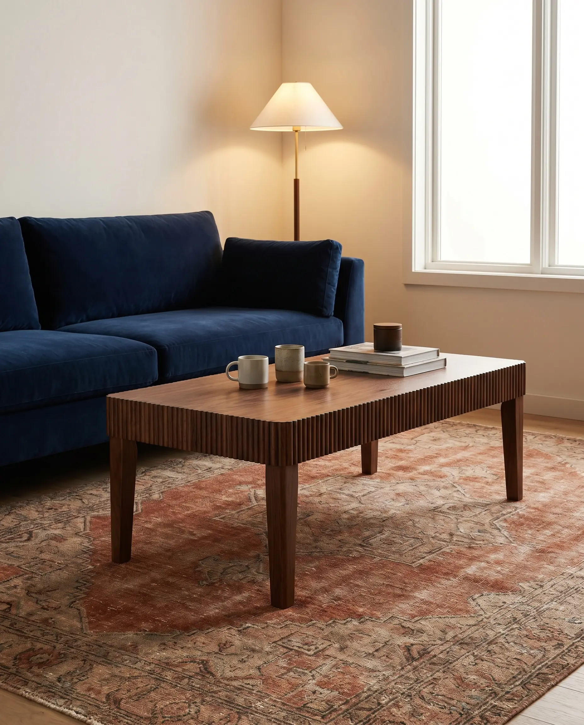 Vertical fluted detailing wraps a rich dark walnut coffee table placed centrally before a navy blue velvet sofa and a faded terracotta Persian rug.