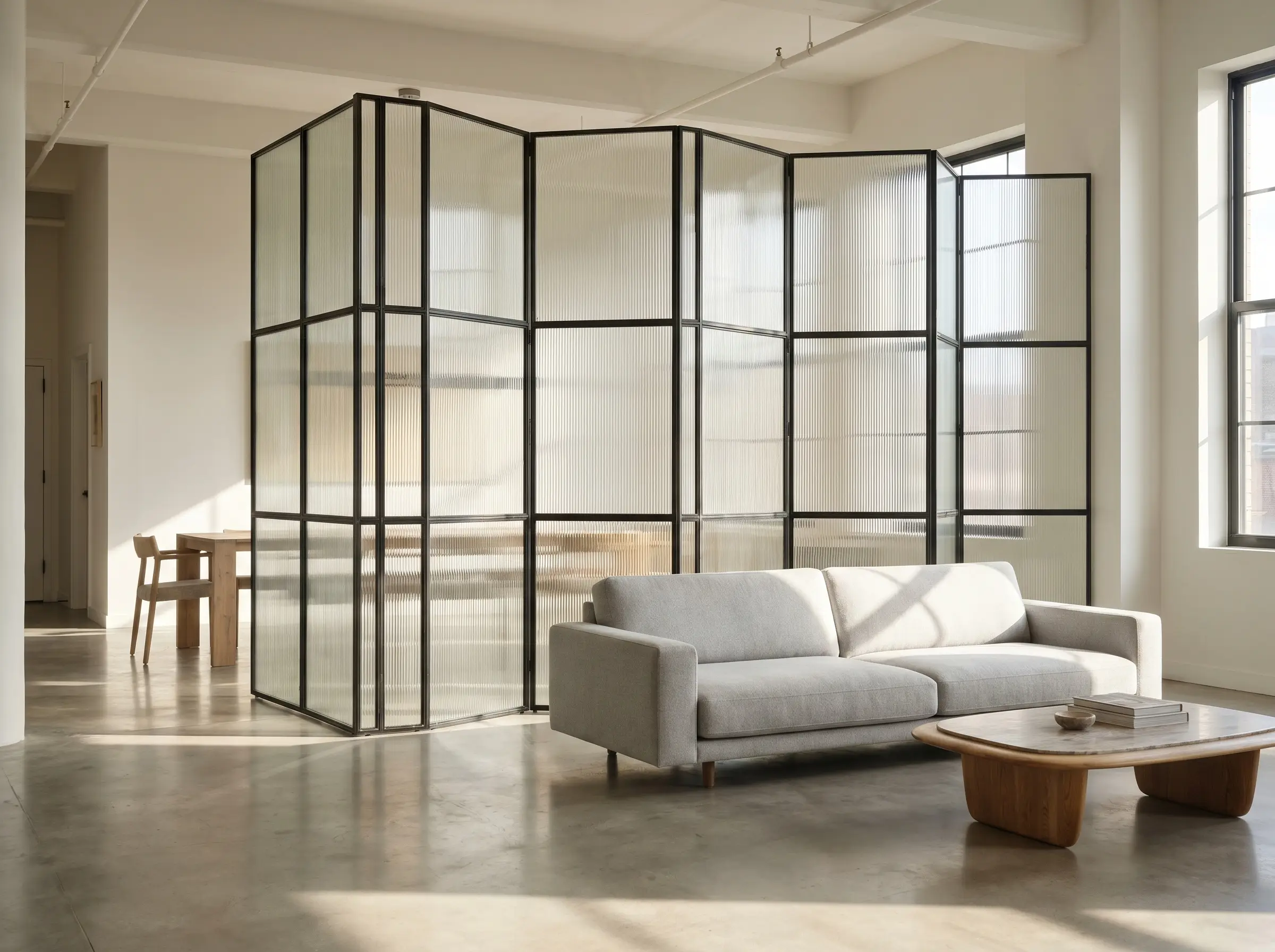 A ribbed fluted glass room divider framed in blackened steel separates a space featuring a minimalist modern sofa and an organic coffee table.