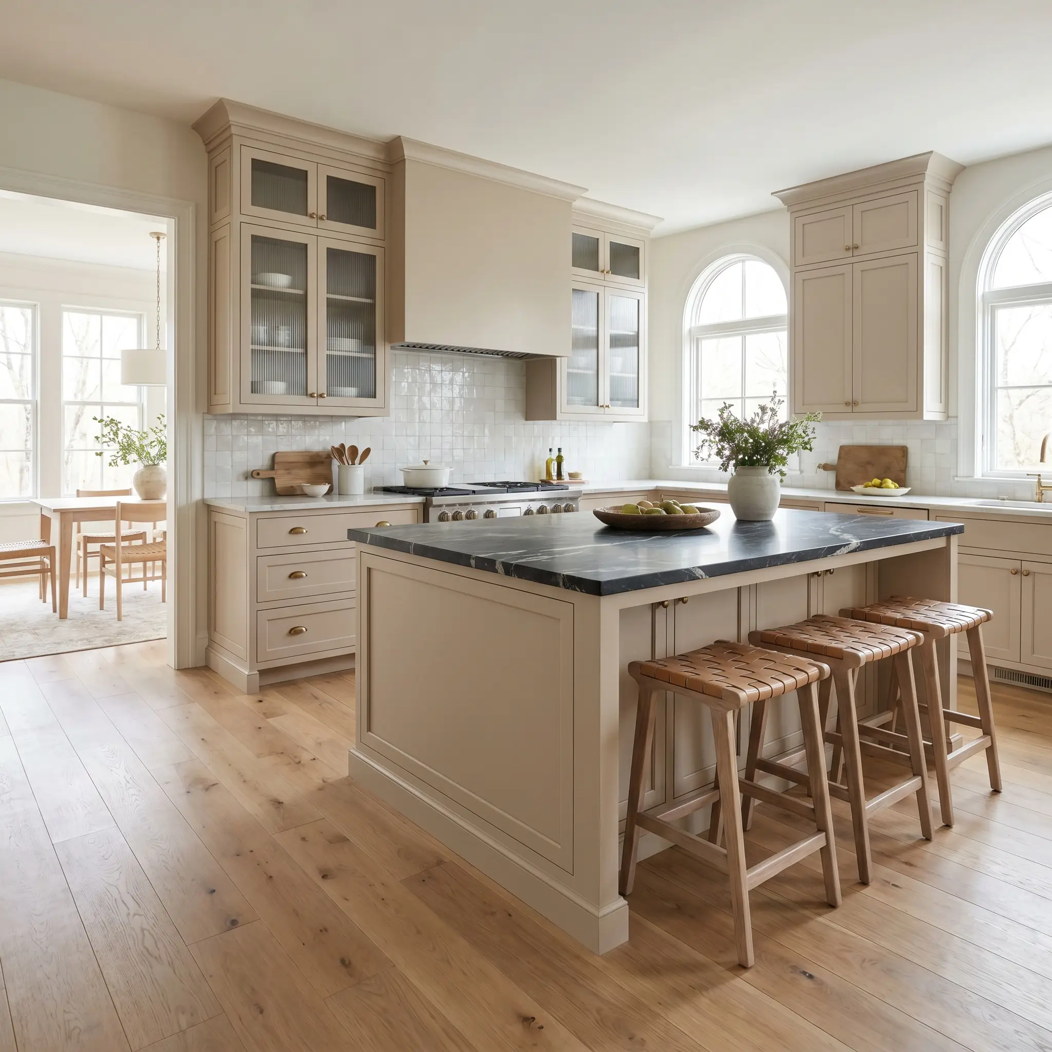 Bleached walnut barstools sit beneath a warm greige kitchen island featuring deeply veined soapstone countertops, unlacquered brass hardware, and fluted glass upper cabinets.