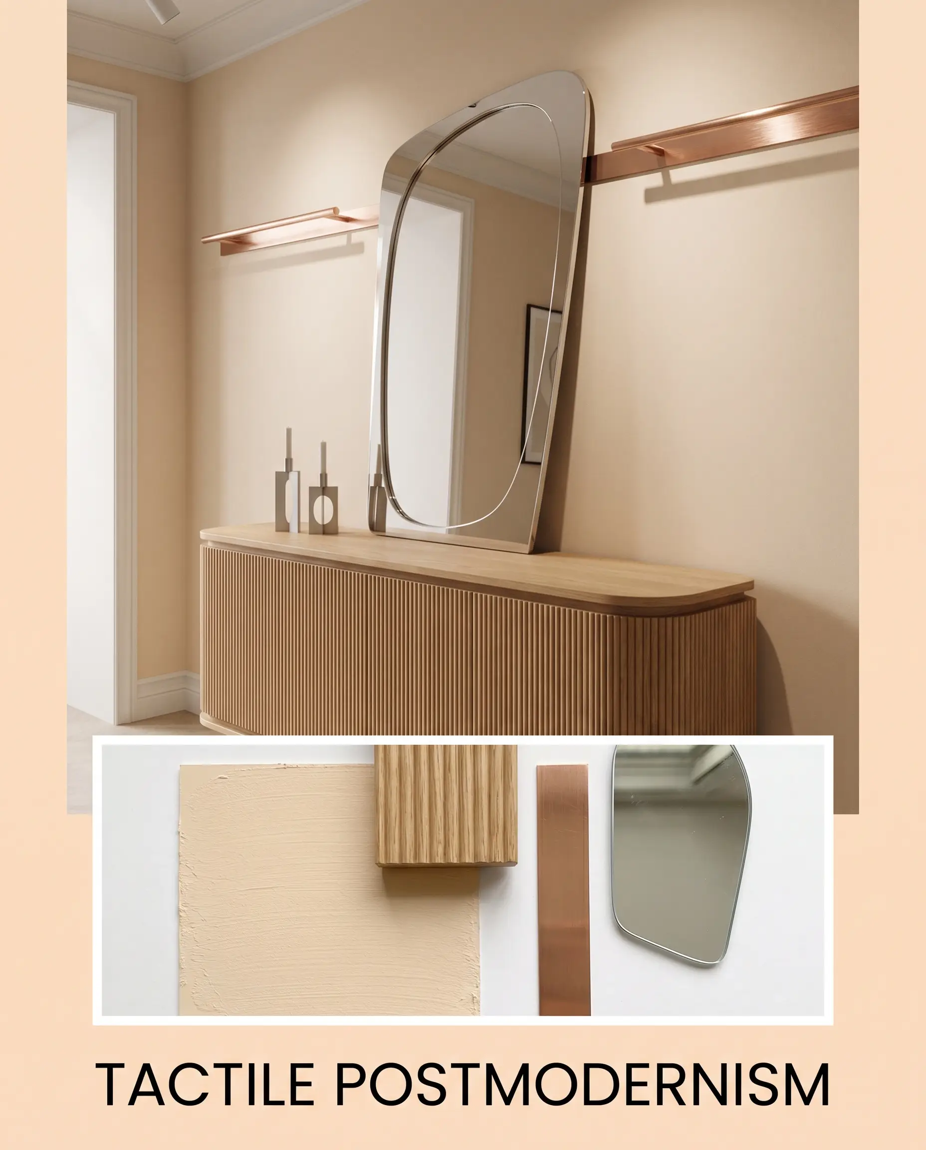 An asymmetrical leaning mirror and minimalist candlesticks sit atop a fluted oak console in a tactile postmodern entryway showcasing brushed copper metal and warm off-white architectural finishes.