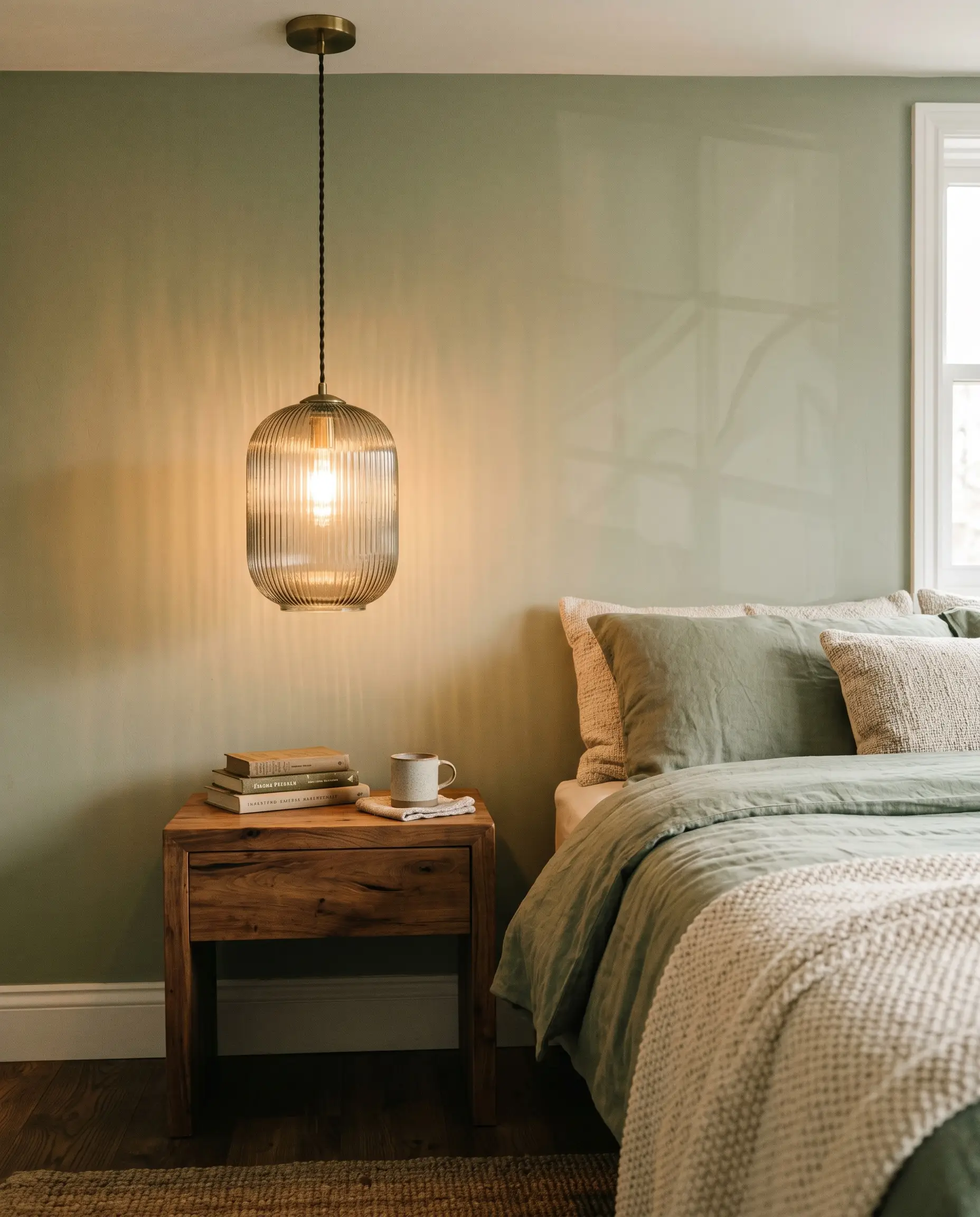 An elegant fluted ribbed glass pendant light hangs securely over a warm wood nightstand, casting a soft glow against a sage green wall.
