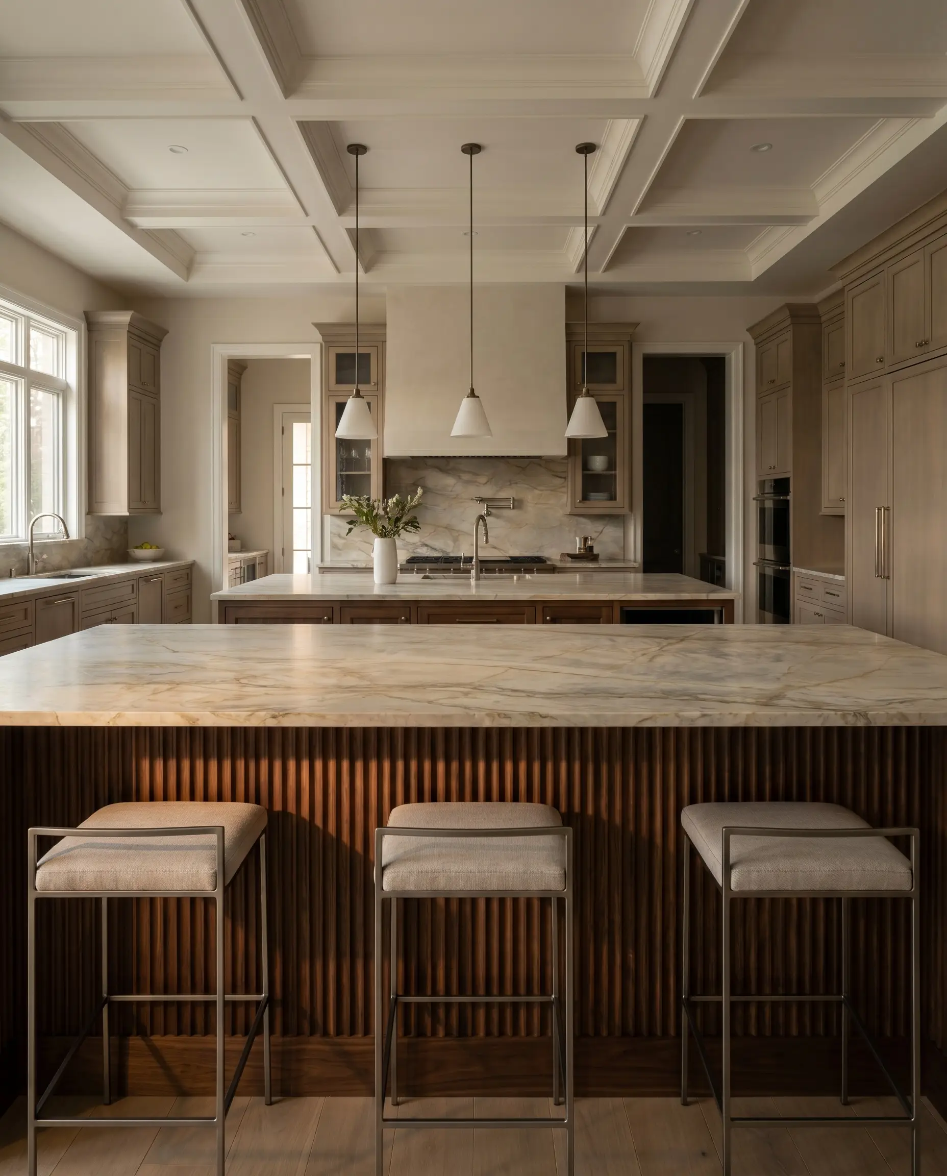 Sharp vertical fluted wood paneling made of solid walnut anchors the seating side of a stone-topped counter with contemporary barstools.